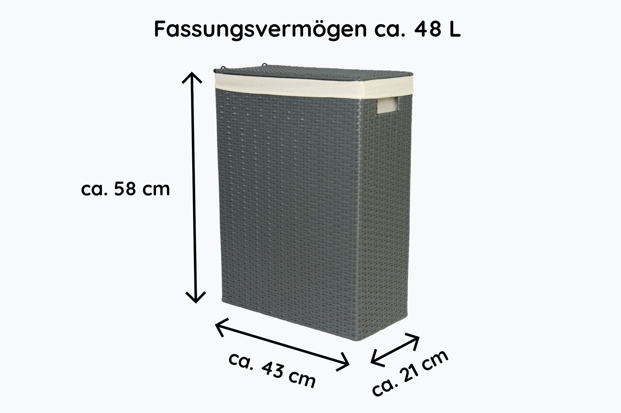 animal-design Wäschekorb, Nischenwäschekorb ca. 57 Liter / Wäschekorb / Nischenkorb grau aus Kunststoff-Geflecht mit waschbarem Stoffeinsatz