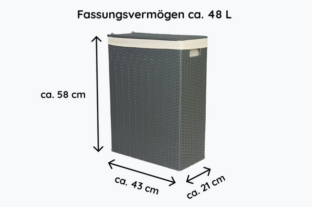animal-design Wäschekorb, Nischenwäschekorb ca. 57 Liter / Wäschekorb / Nischenkorb grau aus Kunststoff-Geflecht mit waschbarem Stoffeinsatz