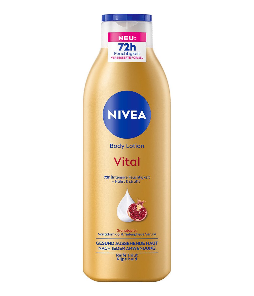 Nivea Körperlotion Vital 3 x 250ml Granatapfel, Macadamiaöl & Tiefenpflege Serum, 3-tlg., Tiefenpflege Serum, Granatapfelextrakt, Macadamiaöl