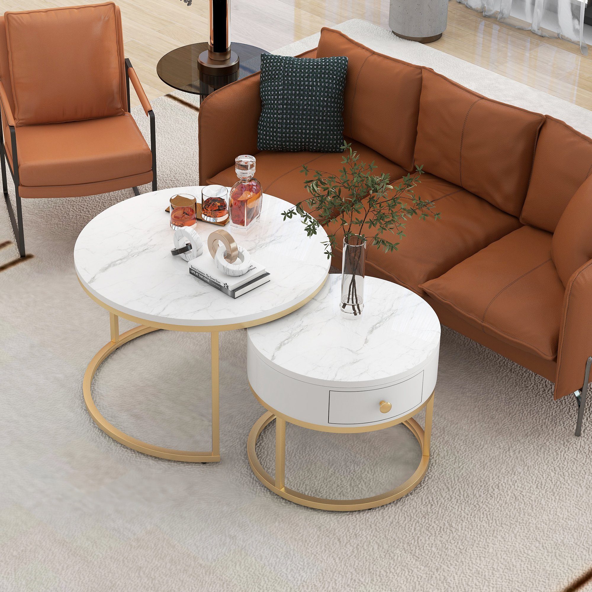Merax Couchtisch Satztisch rund Beistelltisch mit Schublade (2-St), hochglanz Marmoroptik aus Holz mit goldenen Metallbeine