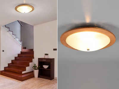 meineWunschleuchte LED Deckenleuchte, LED wechselbar, Warmweiß, flach Deckenschalen Design-klassiker Holz-lampe rustikal, Natur Ø32cm