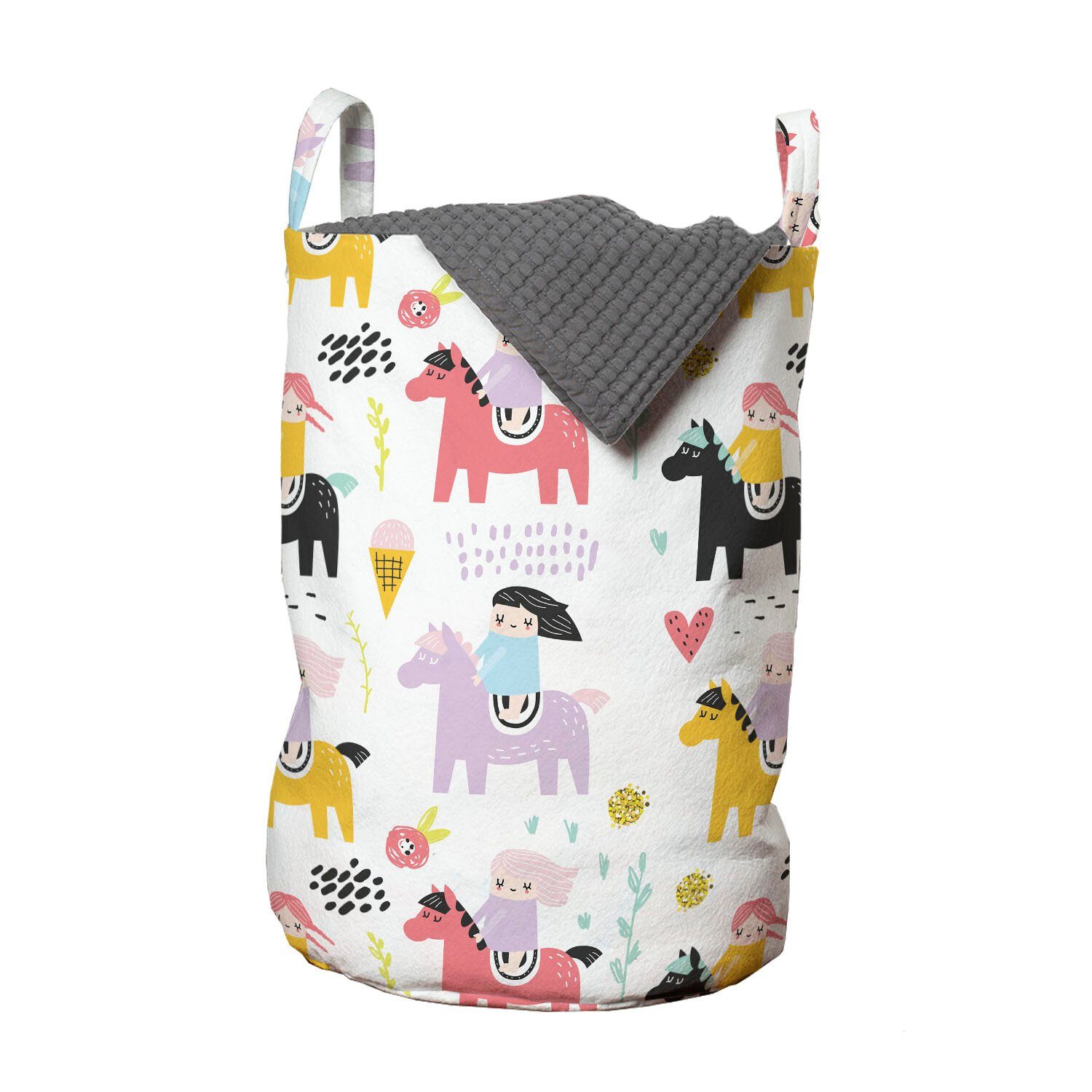 Abakuhaus Wäschesäckchen Wäschekorb mit Griffen Kordelzugverschluss für Waschsalons, Kindisch Junges Mädchen Reiten auf einem Pony