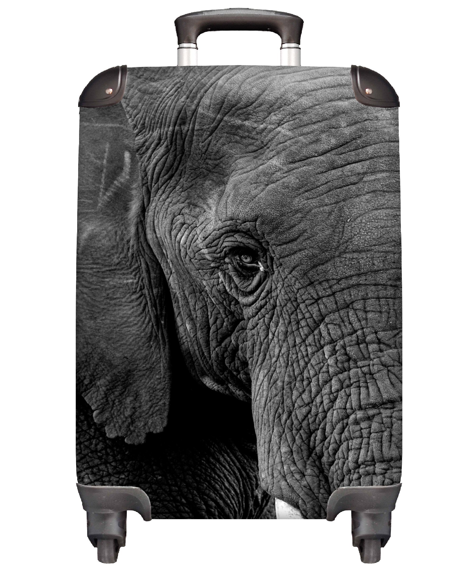 MuchoWow Handgepäckkoffer Elefant - Tiere - Schwarz - Weiß - Natur, 4 Rollen, Reisetasche mit rollen, Handgepäck für Ferien, Trolley, Reisekoffer