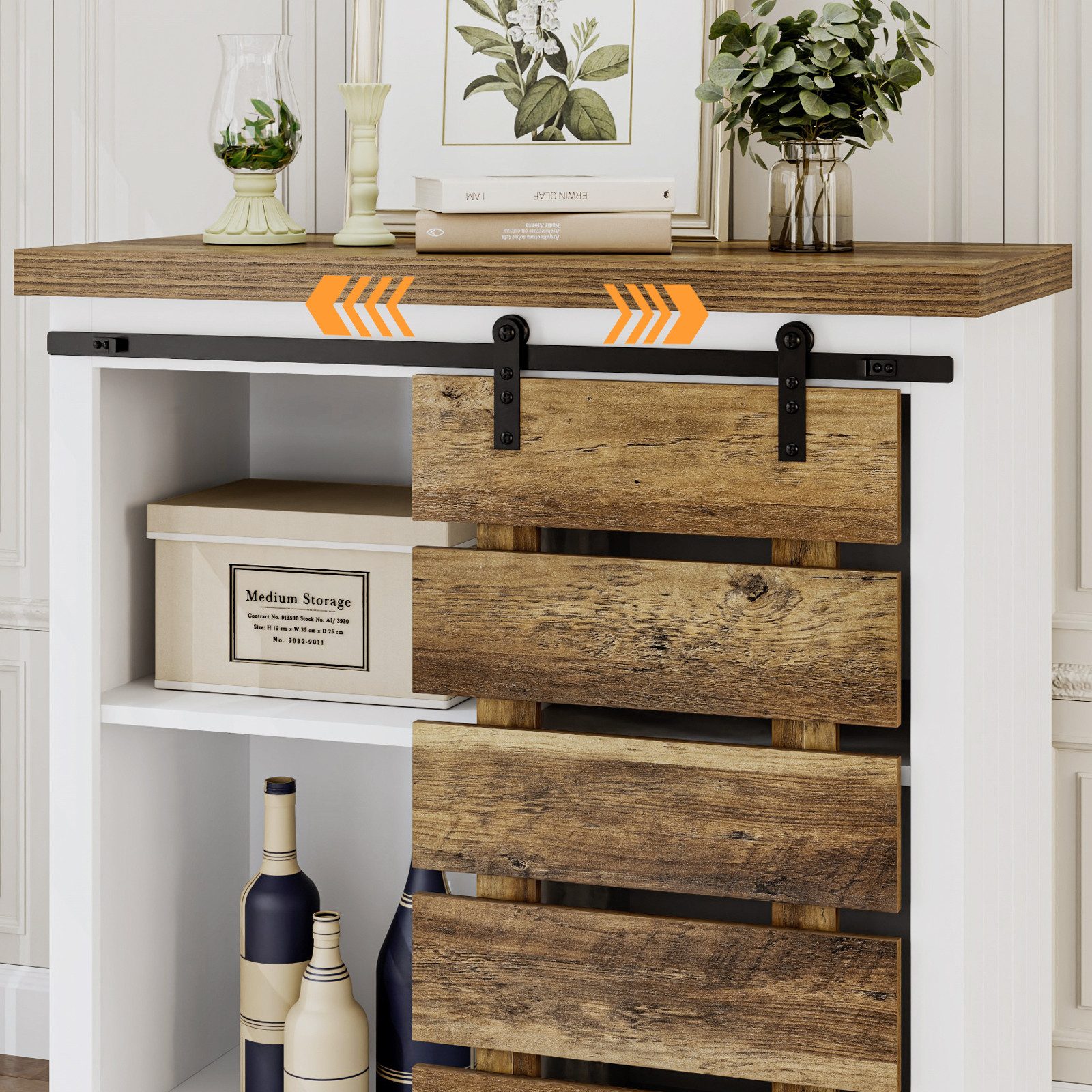 HOMECHO Buffet Küchenschrank mit Schiebetür und Regal Vintagebraun+Weiß