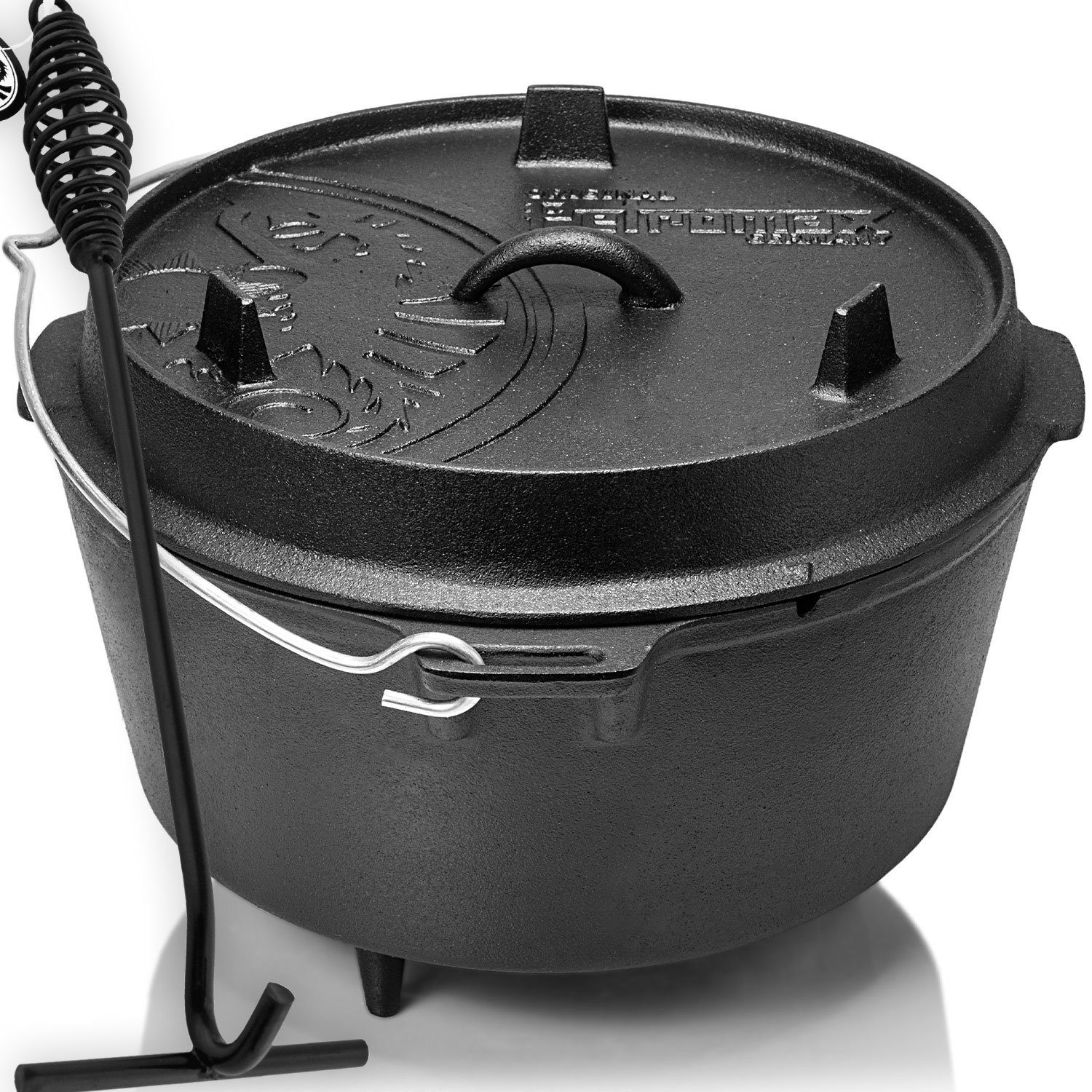 Petromax Schmortopf Feuertopf Dutch Oven ft9 mit Füssen 8-14 Personen 7,5l, Gusseisen (Spar-Set, 6-tlg., Topf+Deckel+Deckelheber+Paste+Schaber+Feuer-Kit), Deckel mit Henkel, als Pfanne nutzbar, Topf induktionsfähig
