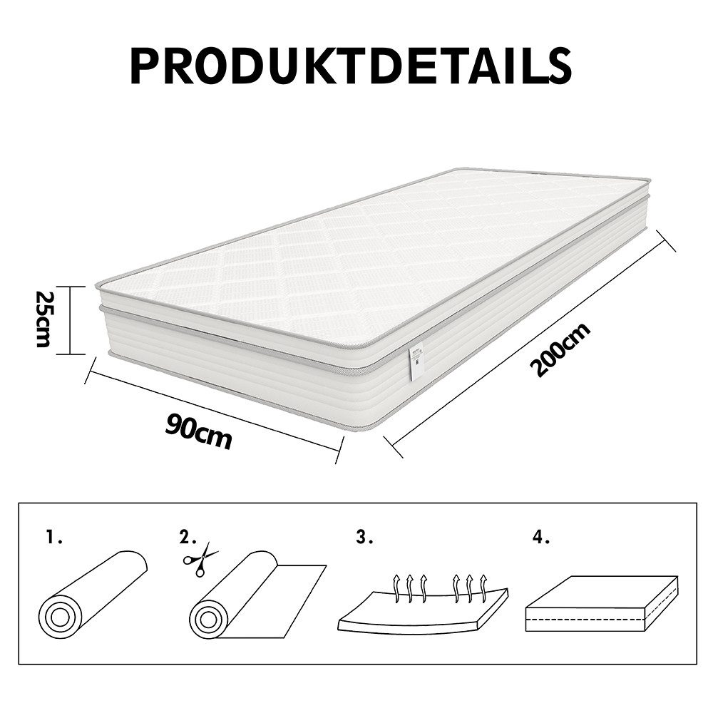 Taschenfederkernmatratze Taschenfederkernmatratze 90/140x200 cm H4, PFCTART, 25 cm hoch, (Set, atmungsaktiv, geräuscharm, OEKO-TEX, vakuumgerollt), ergonomische Federkernmatratze mit Gel-Memory-Schaum