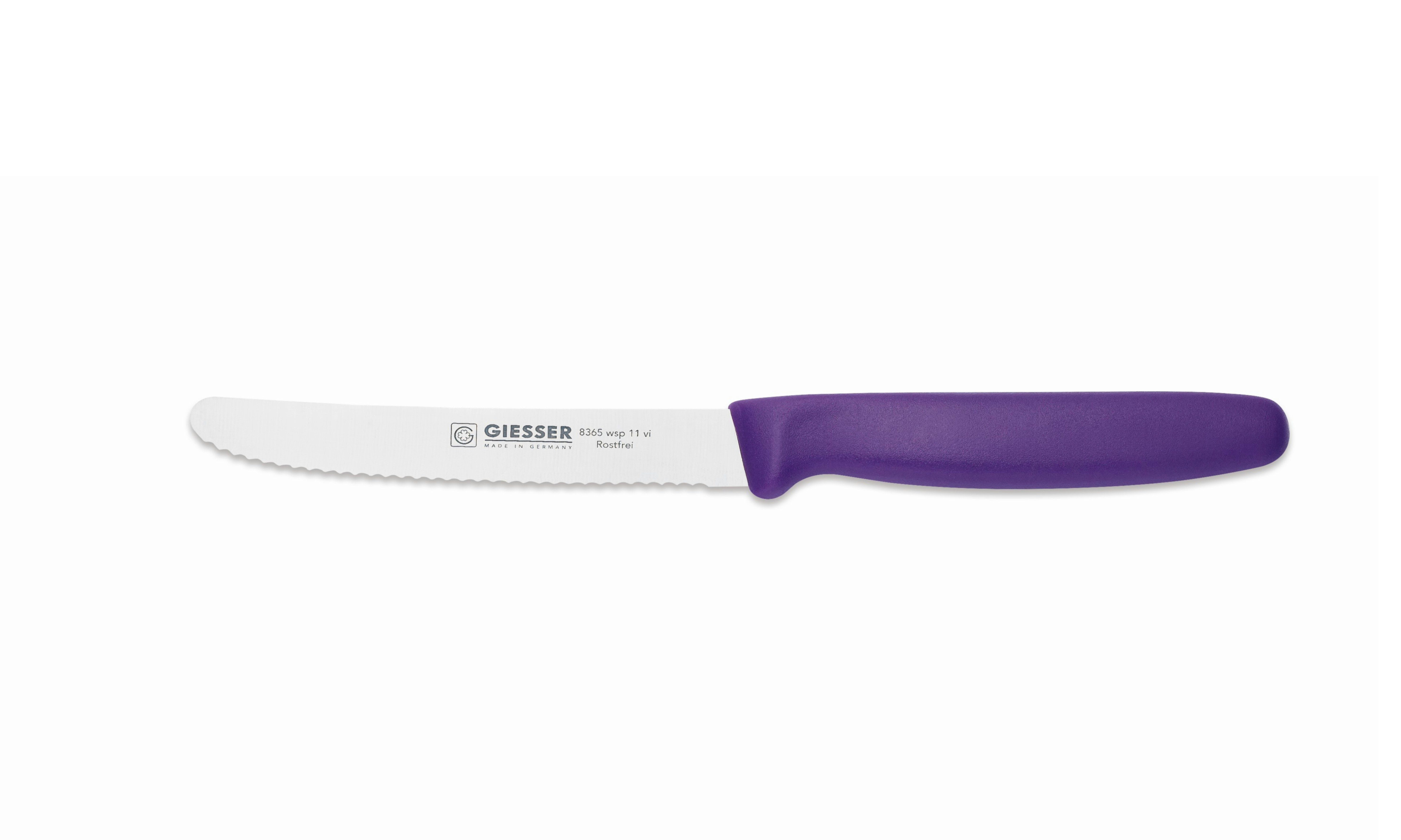 Giesser Messer Tomatenmesser Allzweckmesser Brötchenmesser 8365 wsp 11, Spülmaschinenfest, 3 mm Wellenschliff extrem scharf, 19 Farben HALAL Violett