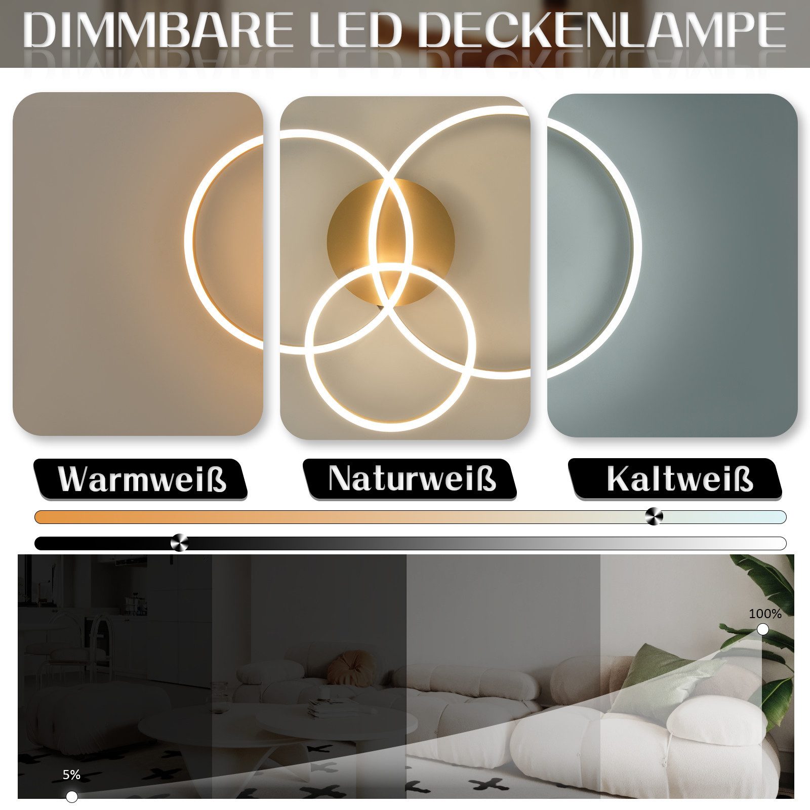 Nettlife LED Deckenleuchte Dimmbar Wohnzimmer Gold 2 Ring Acryl 46W 59CM Mo günstig online kaufen