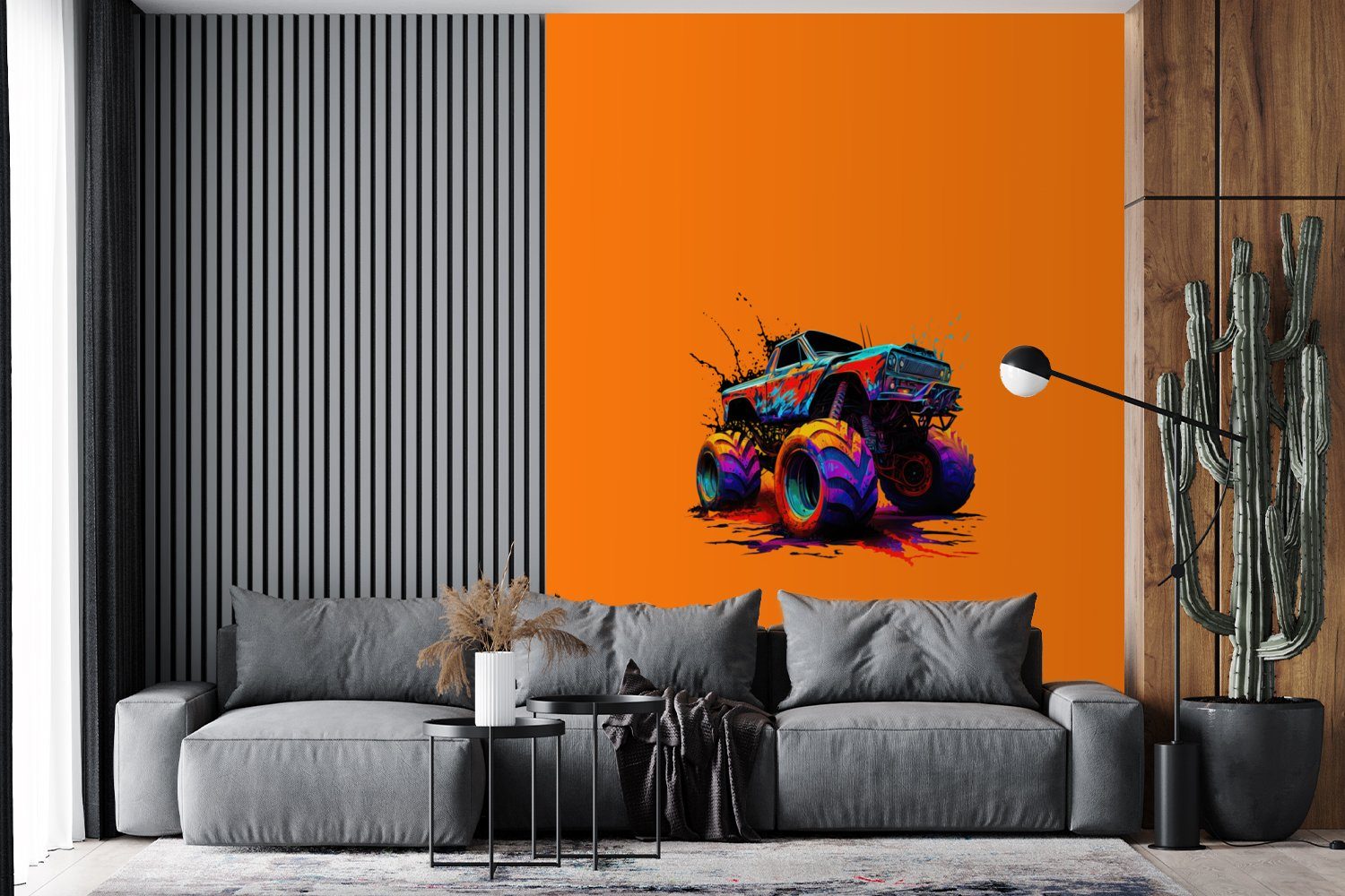 Farbe Orange, Monstertruck - - St), Fototapete Matt, für MuchoWow bedruckt, Montagefertig Wohnzimmer, (4 Wandtapete Neon Vinyl - Tapete