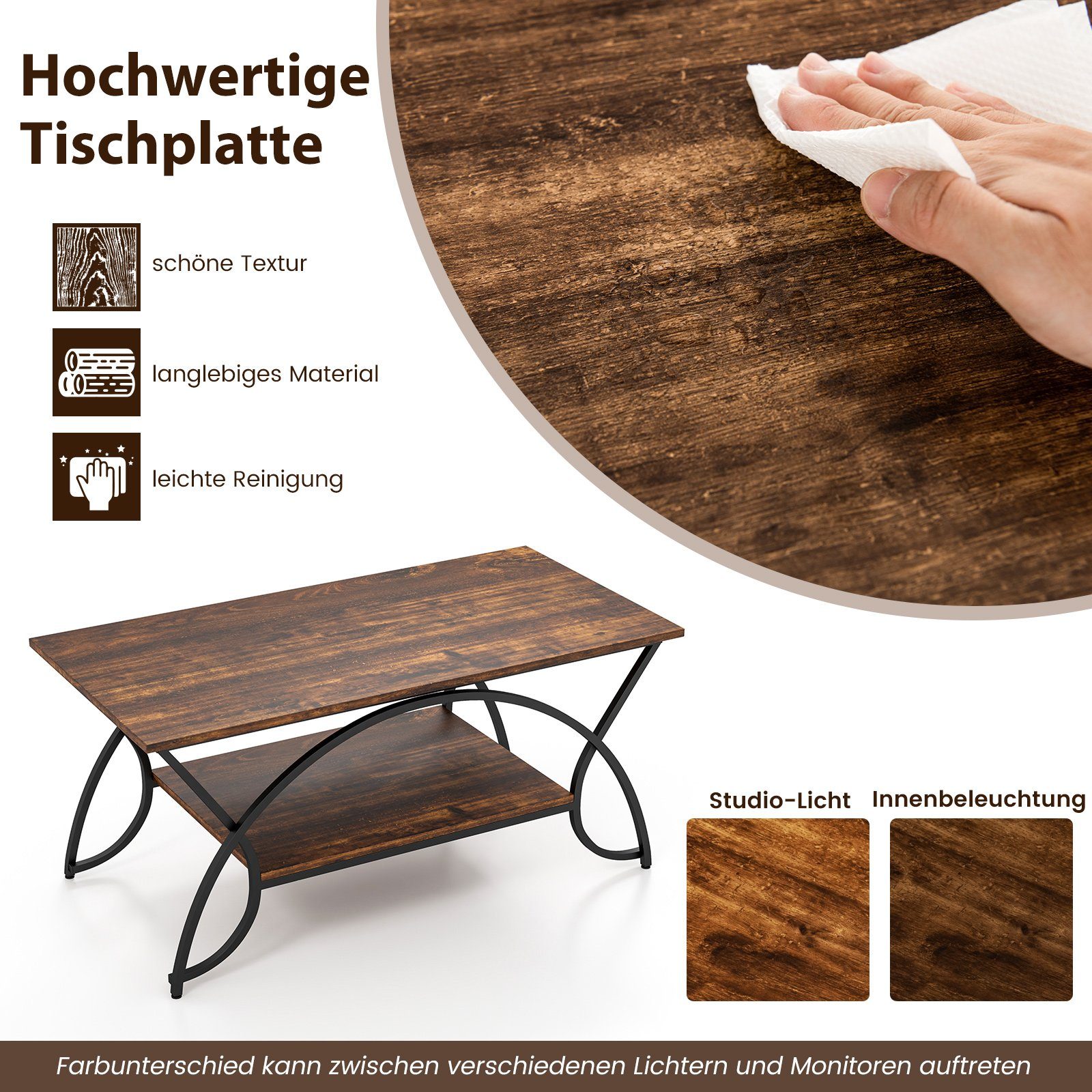 mit Ablage goldenem Metallbeinen, Couchtisch & Vintagebraun 100x50x45cm COSTWAY Marmor,