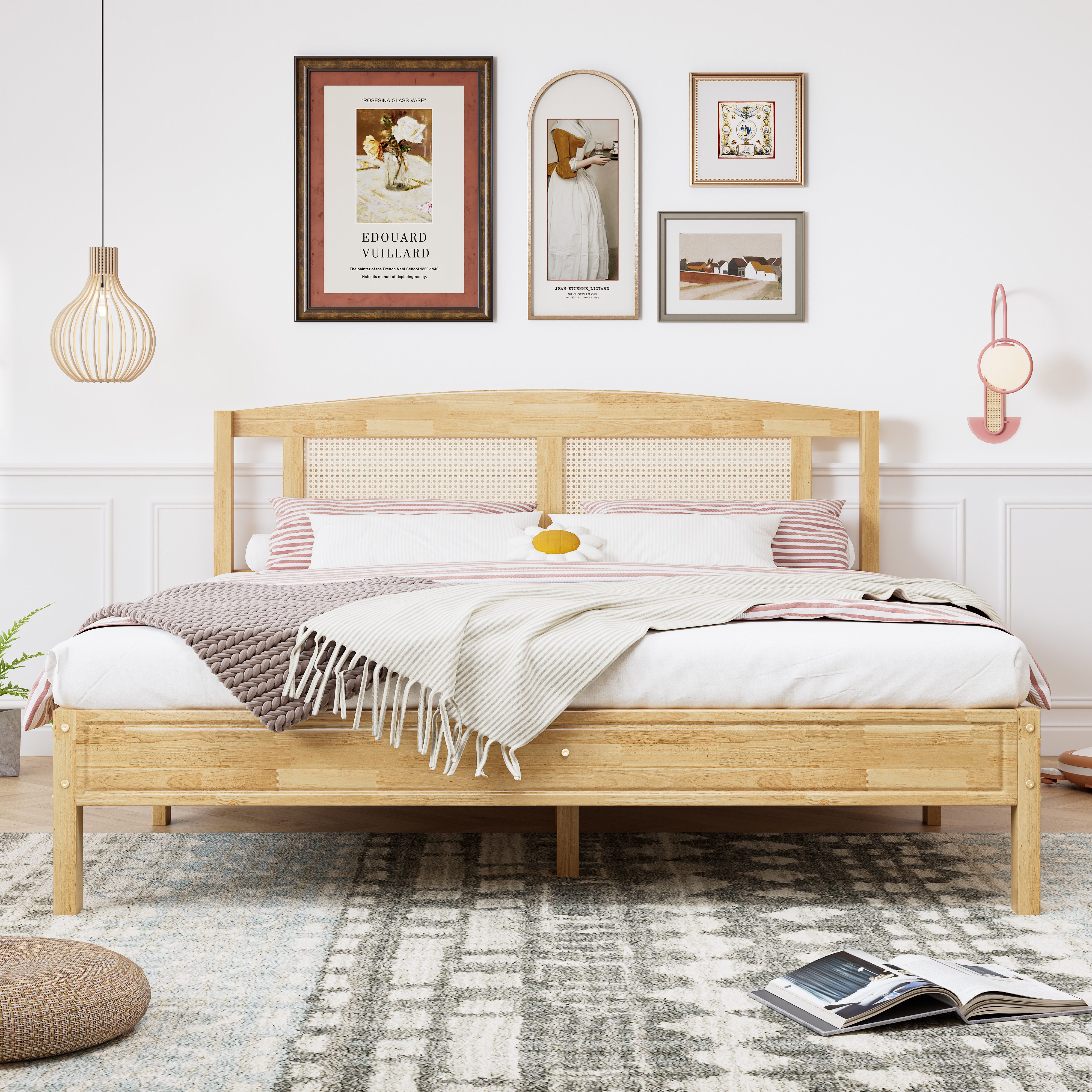 OKWISH Wooden Bed Adult Bed 160x200 cm in Pine & Rattan Look (Adult bed made of pine wood and plastic rattan, in a warm natural tone for a relaxed living atmosphere), Mattress not included – basis for individual sleeping comfort