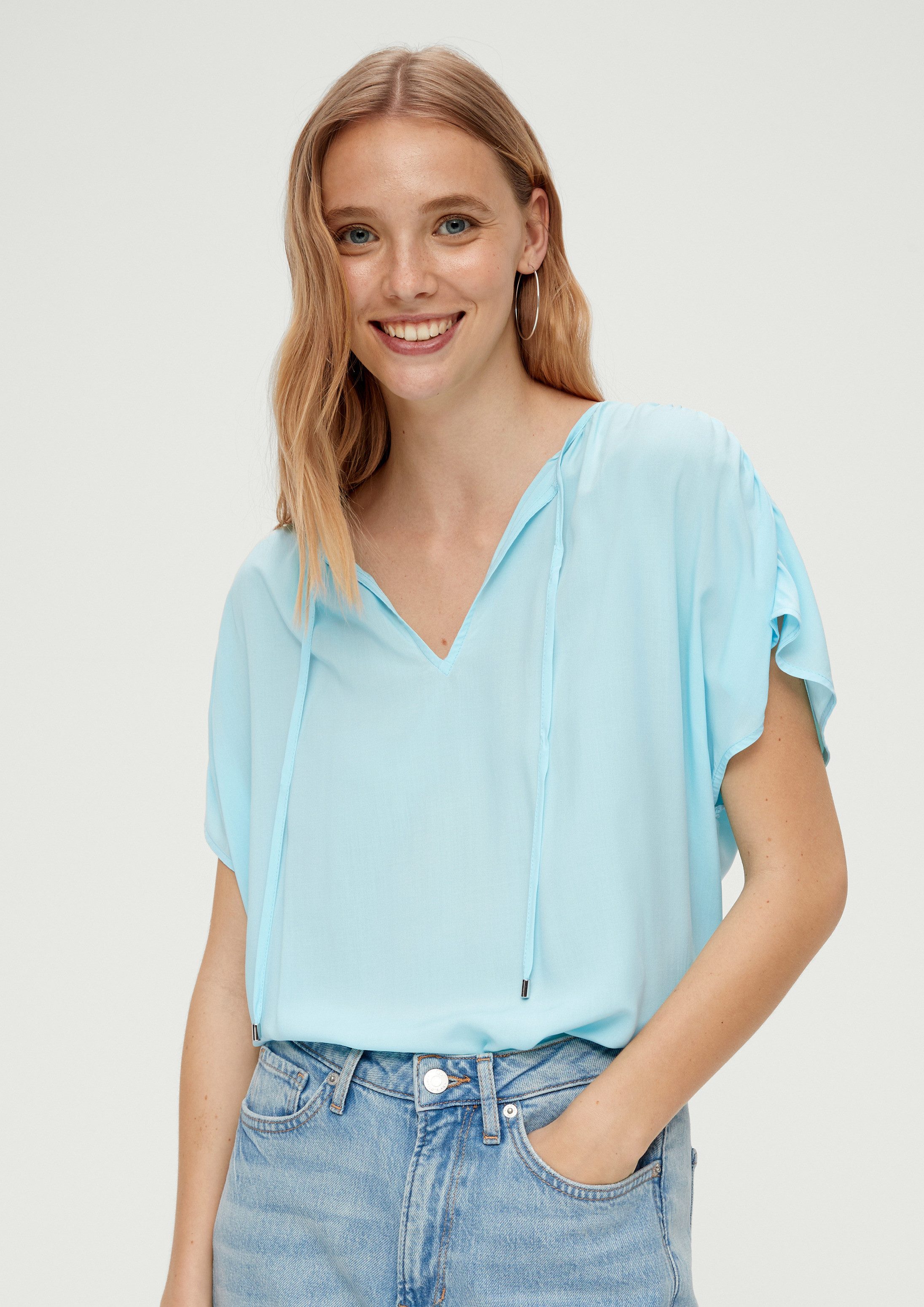 QS Kurzarmbluse Bluse Viskosebluse mit Raffung