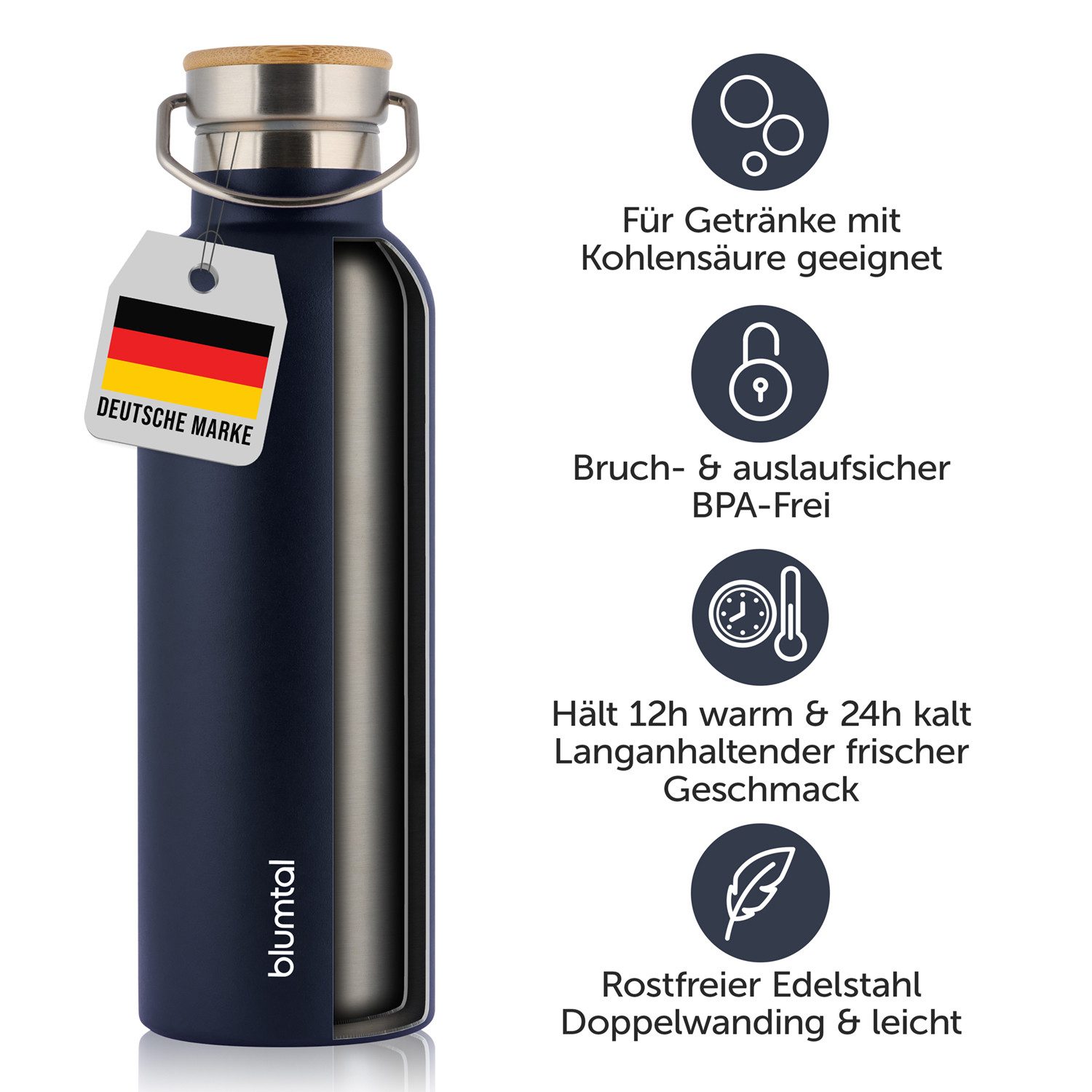 Blumtal Thermoflasche Thermosflasche 1L - doppelwandige Flasche Edelstahl 1L - BPA frei