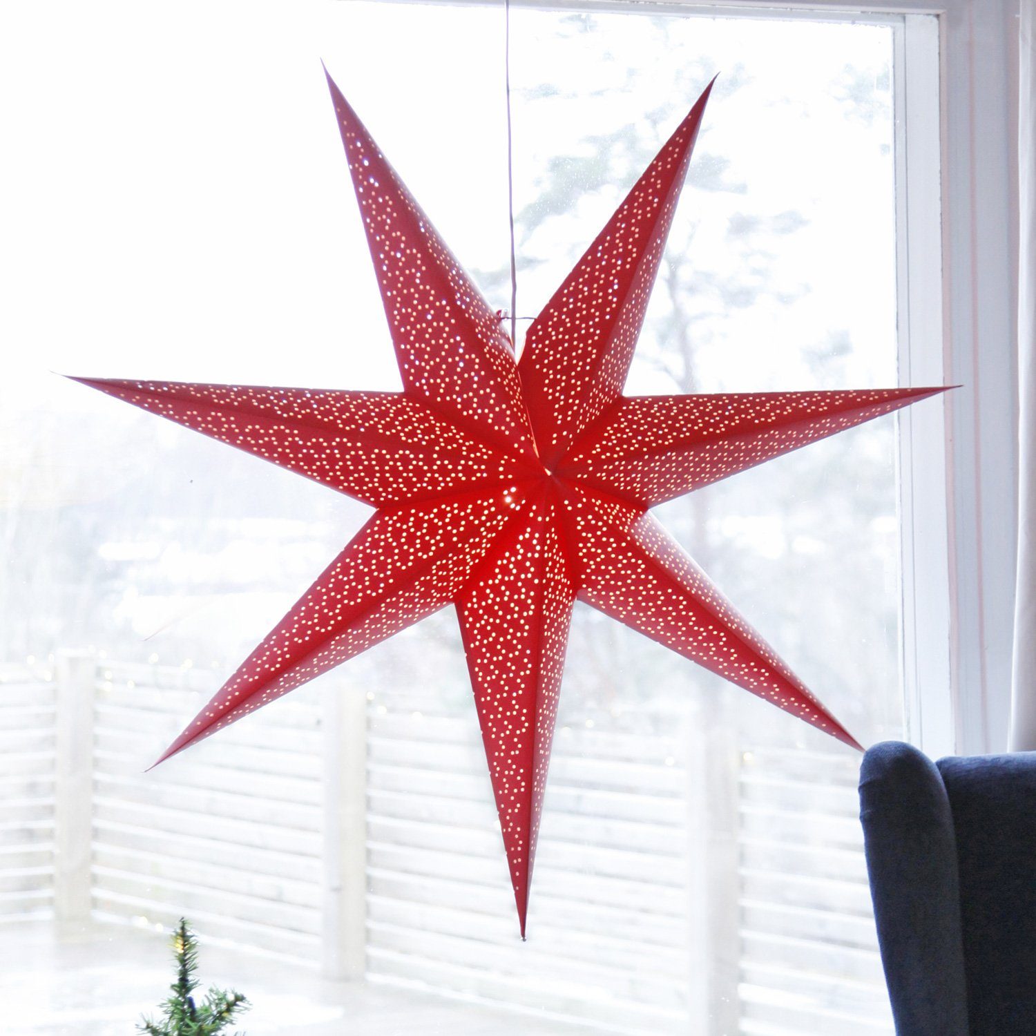 Papierstern Leuchtstern STAR Faltstern hängend Stern Kabel 7zackig mit TRADING 100cm LED rot
