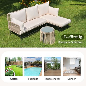 Tongtong Gartenlounge-Set mit Eisengestell und beigem Seilbezug, L-förmiges mit Tisch, Beige, Beige