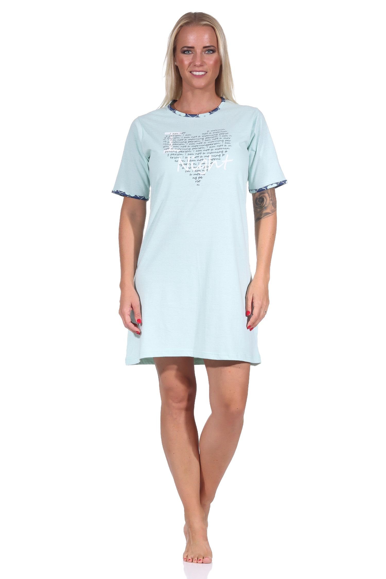 RELAX by Normann Nachthemd Cooles Damen kurzarm Nachthemd Bigshirt mit Herz Motiv - 122 10 603 türkis