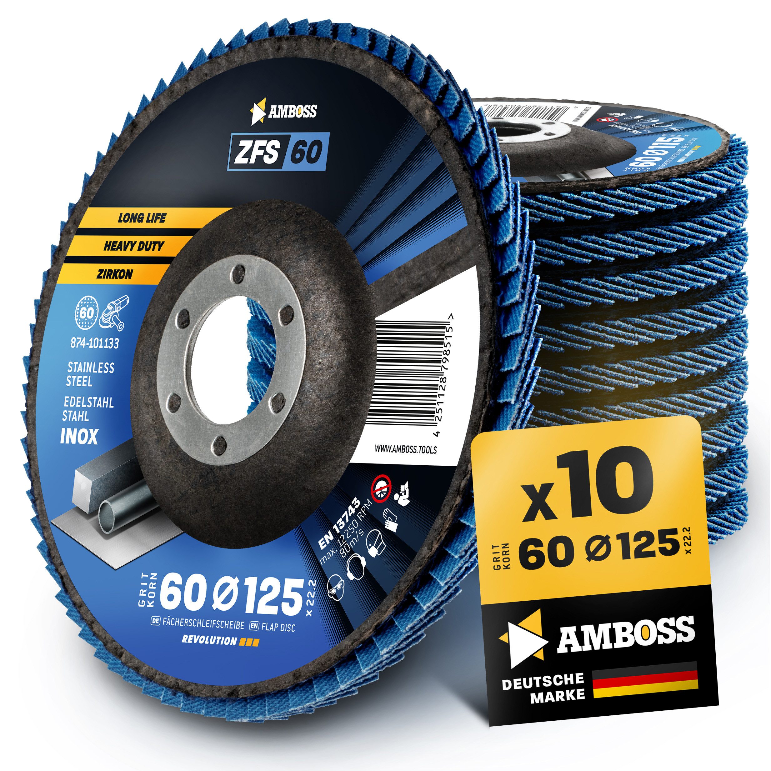 Amboss Werkzeuge Schleifscheibe 10x Amboss ZFS Fächerschleifscheibe Korn:60 Ø125mm