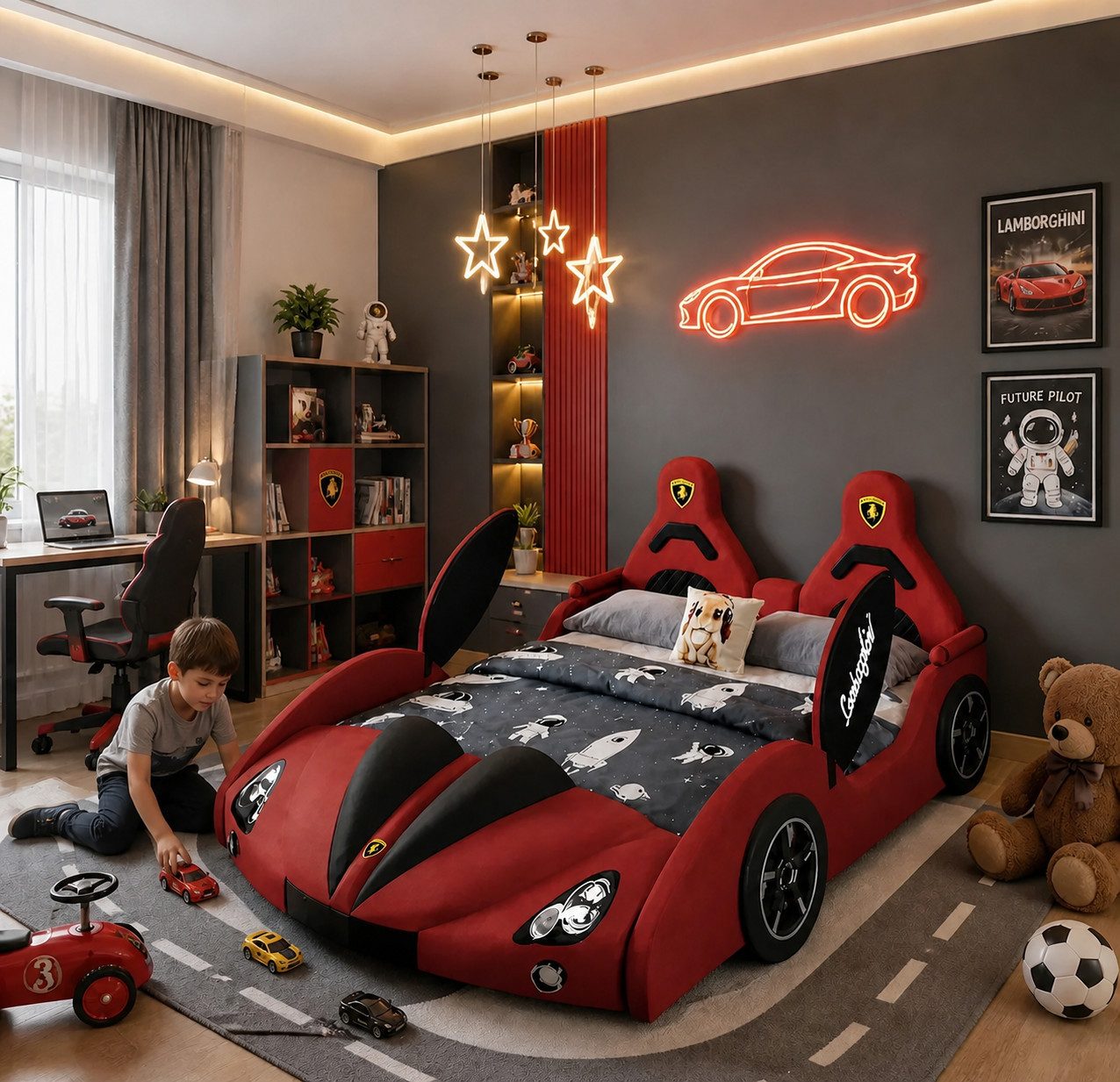 JVmoebel Autobett Rotes Kinderbett Auto LED Bluetooth Kinderbetten Bett für Jungen, Made in Europa