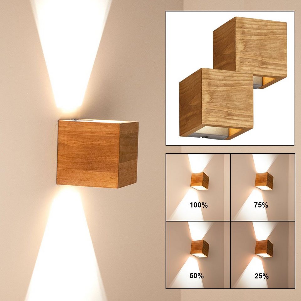 etc-shop LED Wandleuchte, LED-Leuchtmittel fest verbaut, Warmweiß, 2er Set  LED Holz Wand Lampe DIMMBAR Wohn Zimmer Beleuchtung Up Down