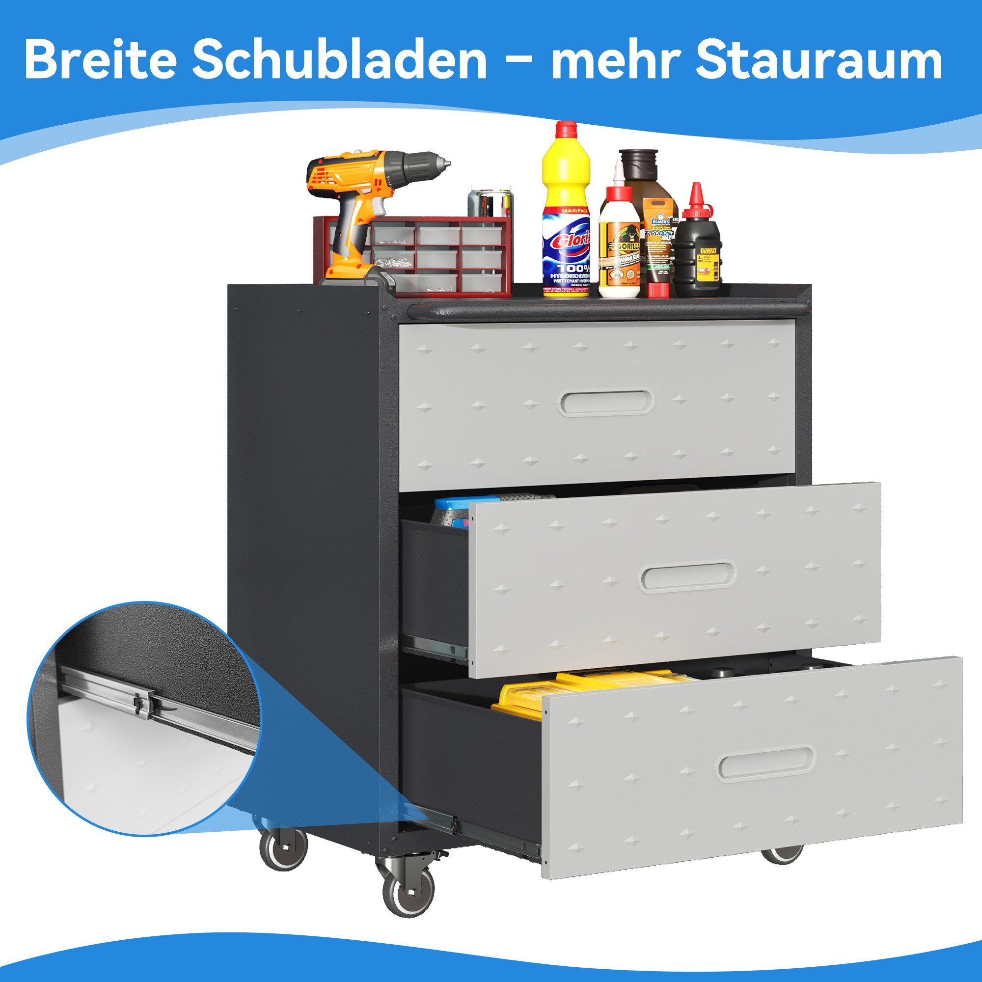 Odikalo Werkzeugschrank Heavy-Duty Metall mit Rollen 3-Schubladen-Tool-Cabinet grau/schwarz 75 × 42 × 88 cm – Bild 4 von 5