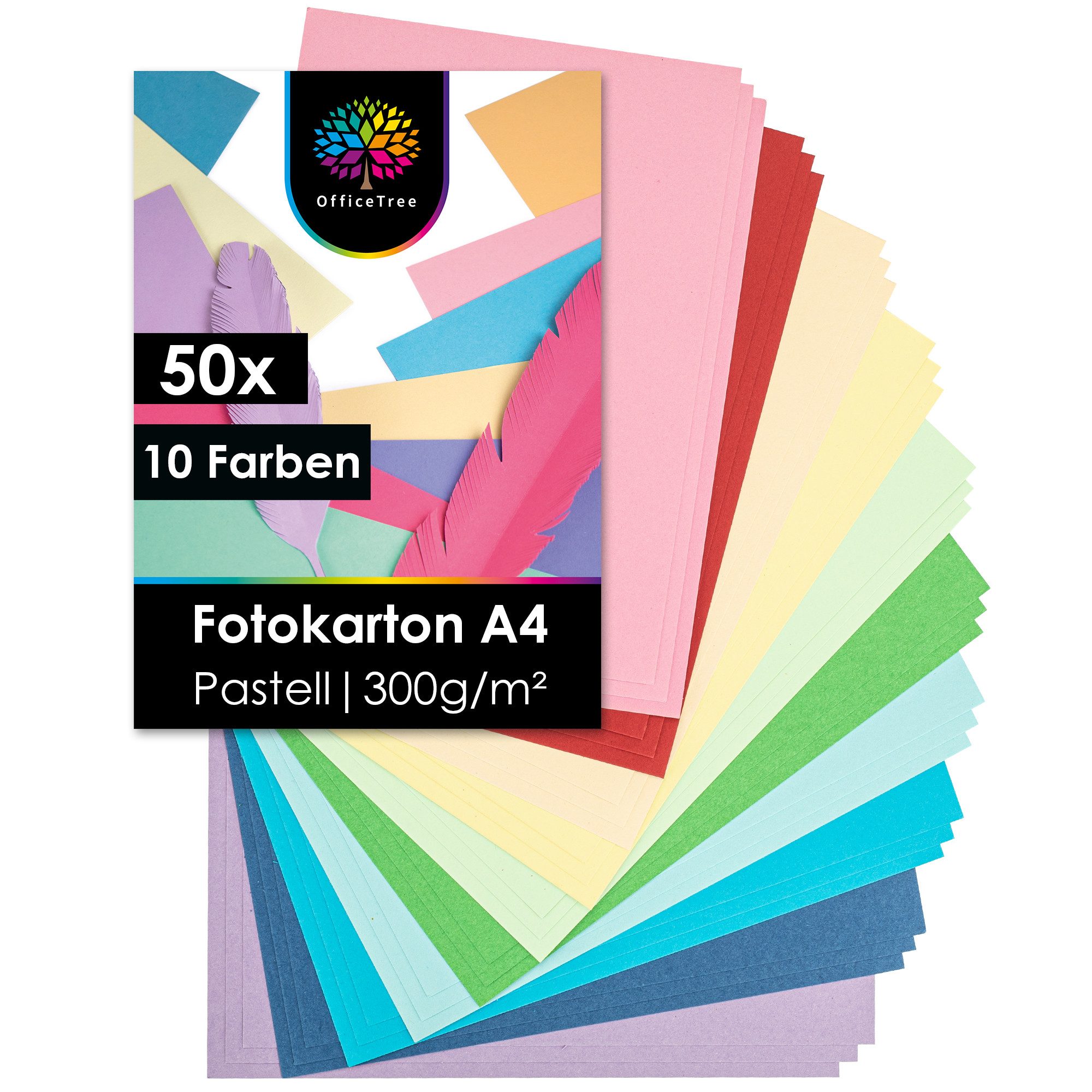 OfficeTree Transparentpapier 50 Blatt Bastelpapier Pastell Töne - A4, 300g/m²