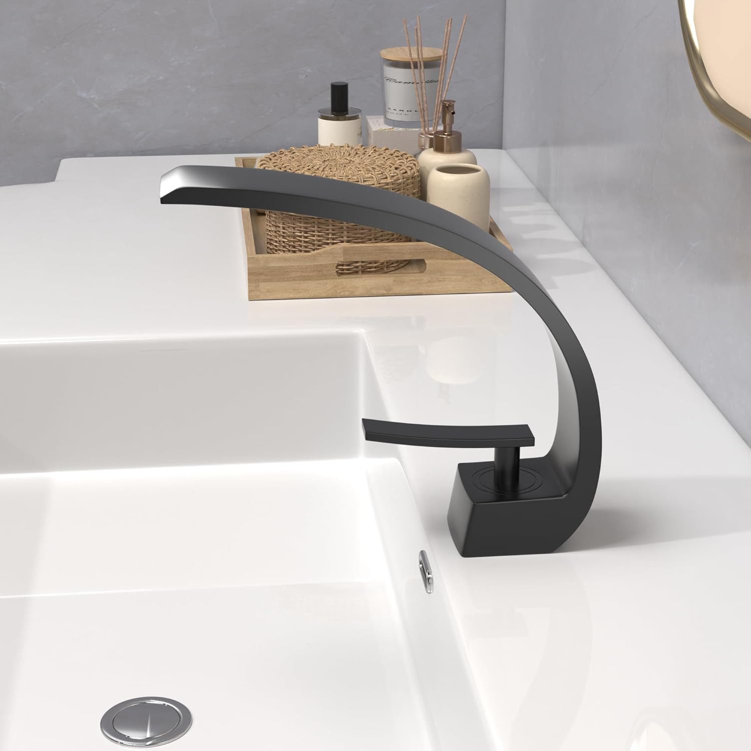 OKWISH Waschtischarmatur Wasserfall Bad Wasserhahn Küchenarmatur Einhebel (3/8 Zoll Norm-Anschluss Messing + Stahl Chrom-Finish 19cm Auslaufhöhe, Mischbatterie + Keramikkartusche) Wasserfall für Badezimmer Toiletten Oder Gäste WC Waschbecken usw