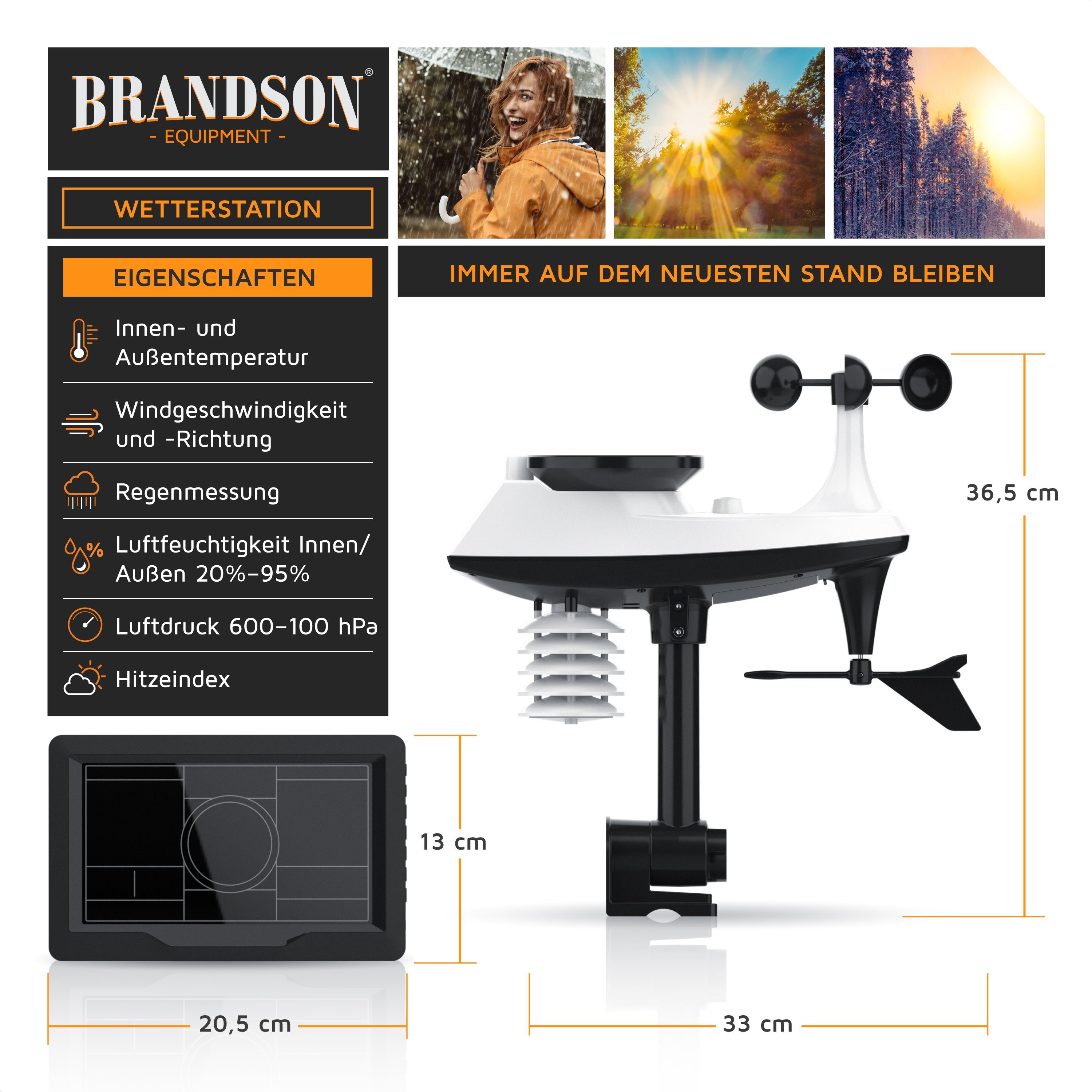 Brandson Außenwetterstation (mit Außensensor, Funk mit 5 in 1 Außensensor, Farbdisplay, DCF, Thermometer, Hygrometer)