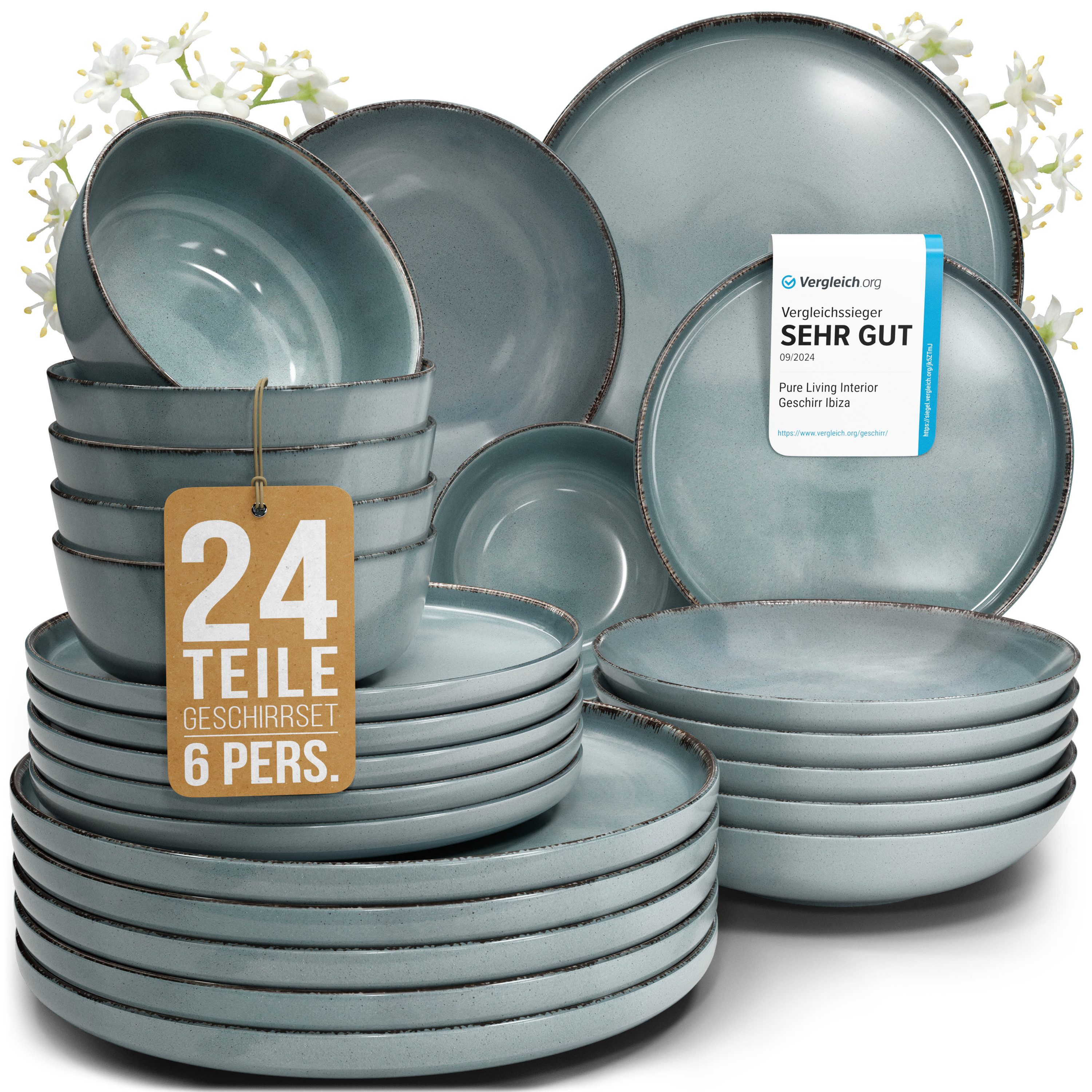 PURE LIVING INTERIOR DESIGN Geschirr-Set Pure Living »Rustic« (24-tlg), 6 Personen, Steingut, Rauchblau, 6 Personen, Steingut, Authentischer Landhausstil, Reaktive Glasur – jedes Stück ein Unikat,…