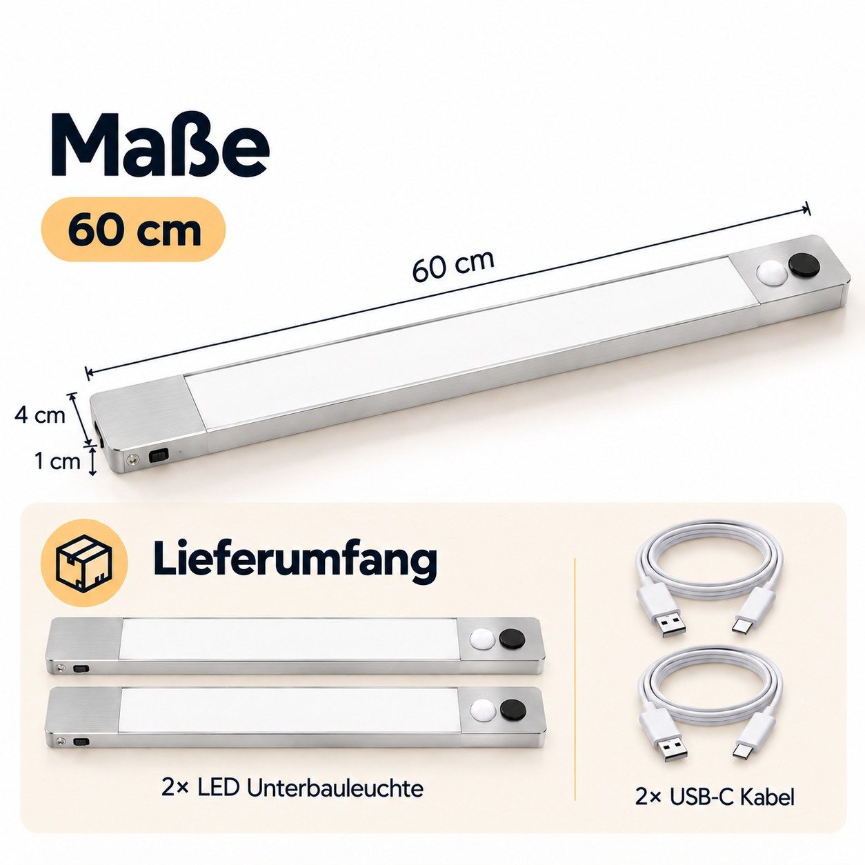 Hanseatic LED Unterbauleuchte 40 cm o. 60 cm / Schrankbeleuchtung / Lichtleiste LUBLUGHK223, Abschaltautomatik, Bewegungsmelder, Dimmer, Dimmfunktion, Ein-/Ausschalter, Sensorschalter, Tageslichtsensor, USB-Ladefunktion, mehrere Helligkeitsstufen, LED fest integriert, Neutralweiß, Akku, 4000 K, mobile Lampe f. Schlafzimmer, Küche, magnetisch