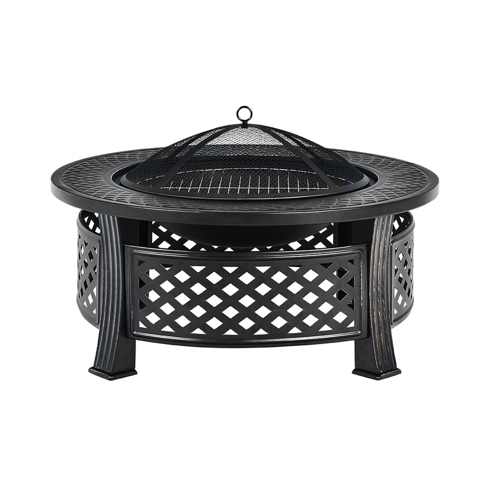 COSTWAY Feuerschale, mit Funkenschutz, Grillplatte & Schürhaken, 81cm, Metall