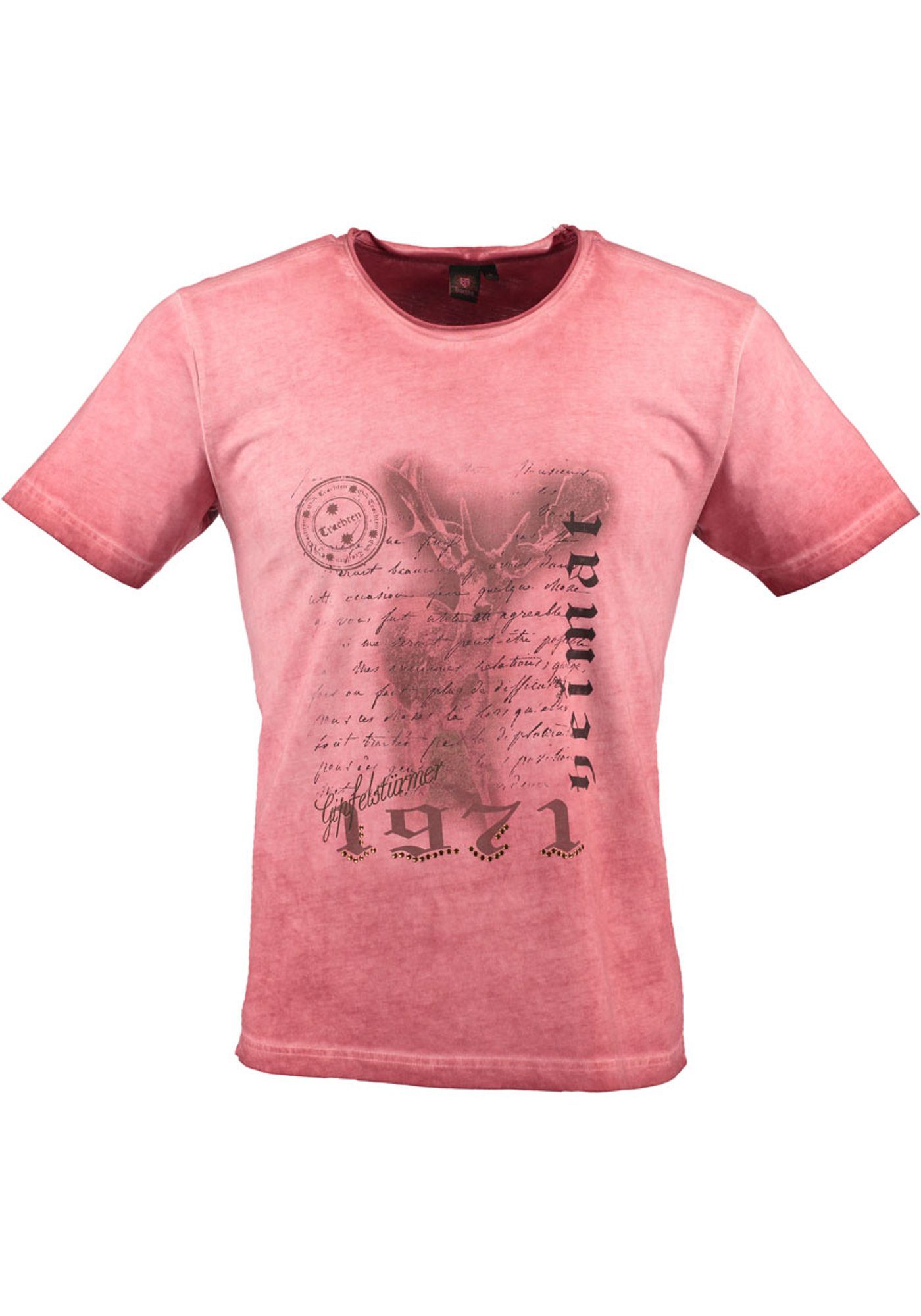 Motivdruck Ofapuo Kurzarm Trachtenshirt weinrot mit OS-Trachten T-Shirt