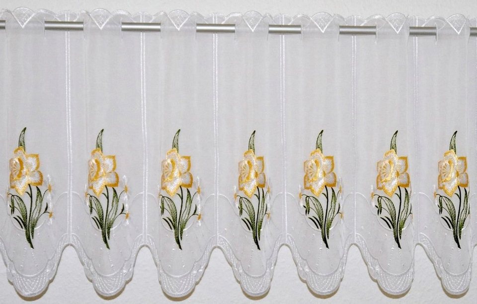 Scheibengardine Narzisse, Stickereien Plauen, Durchzuglöcher (1 St),  transparent, Voile, veredelt mit echter Plauener Spitze Stickerei