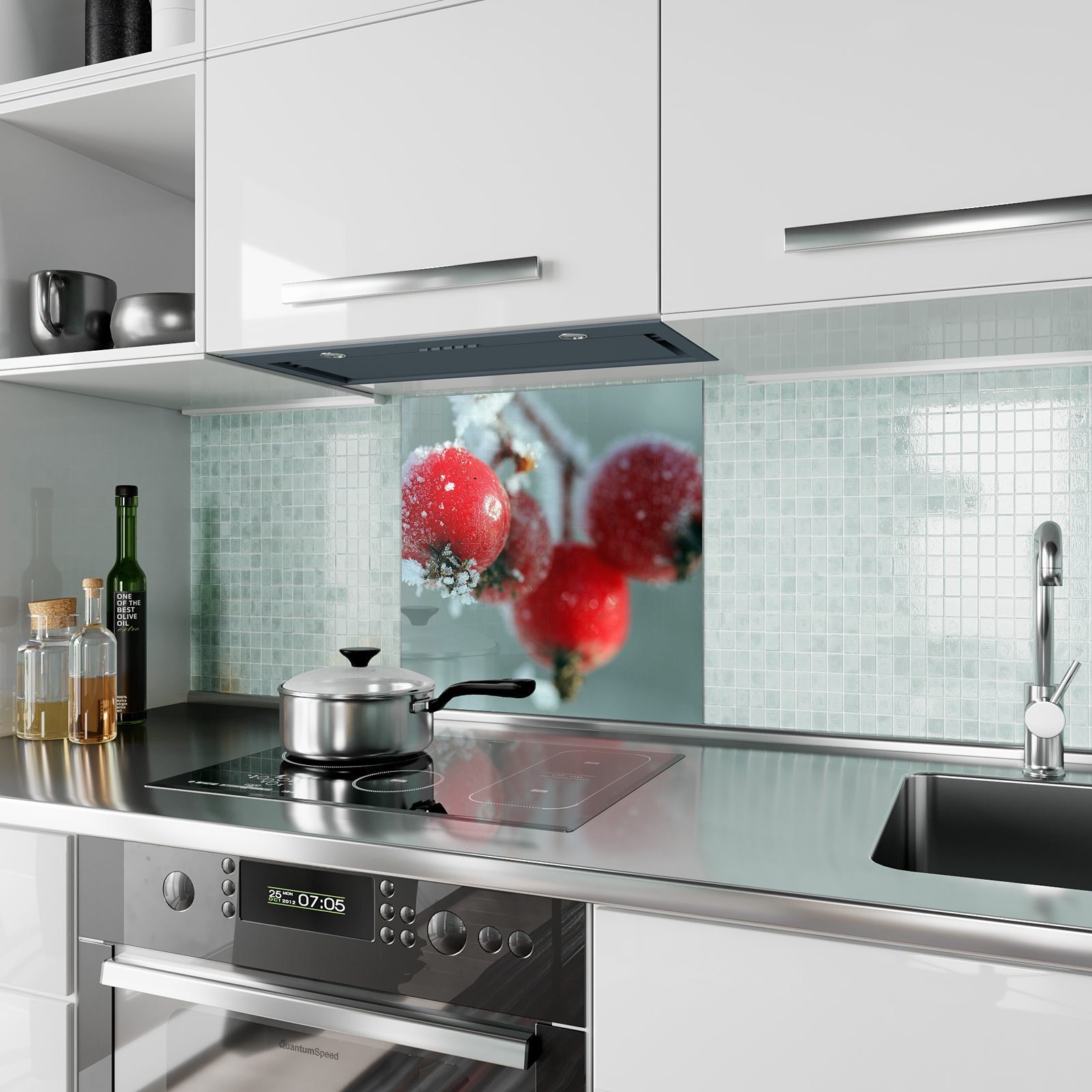 Primedeco Küchenrückwand Spritzschutz Glas Vogelbeeren Eis mit