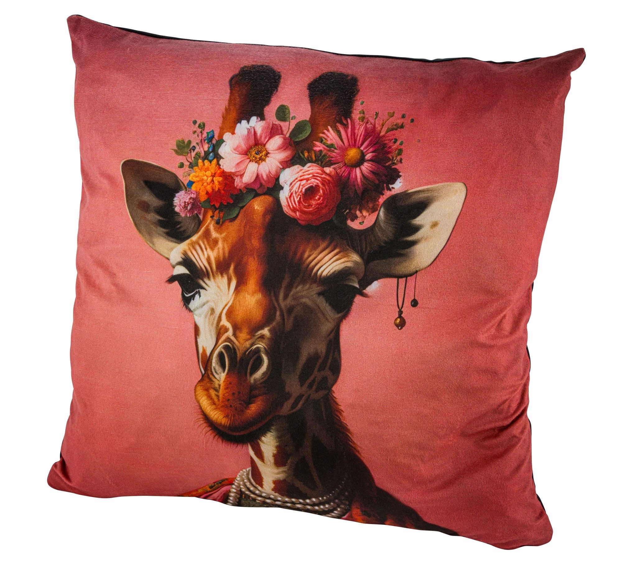 Kunstgewerbe Gehlmann Sofakissen Samtkissen Giraffe mit Blumenschmuck Apricot 45 x 45 cm, Giraffenmotiv