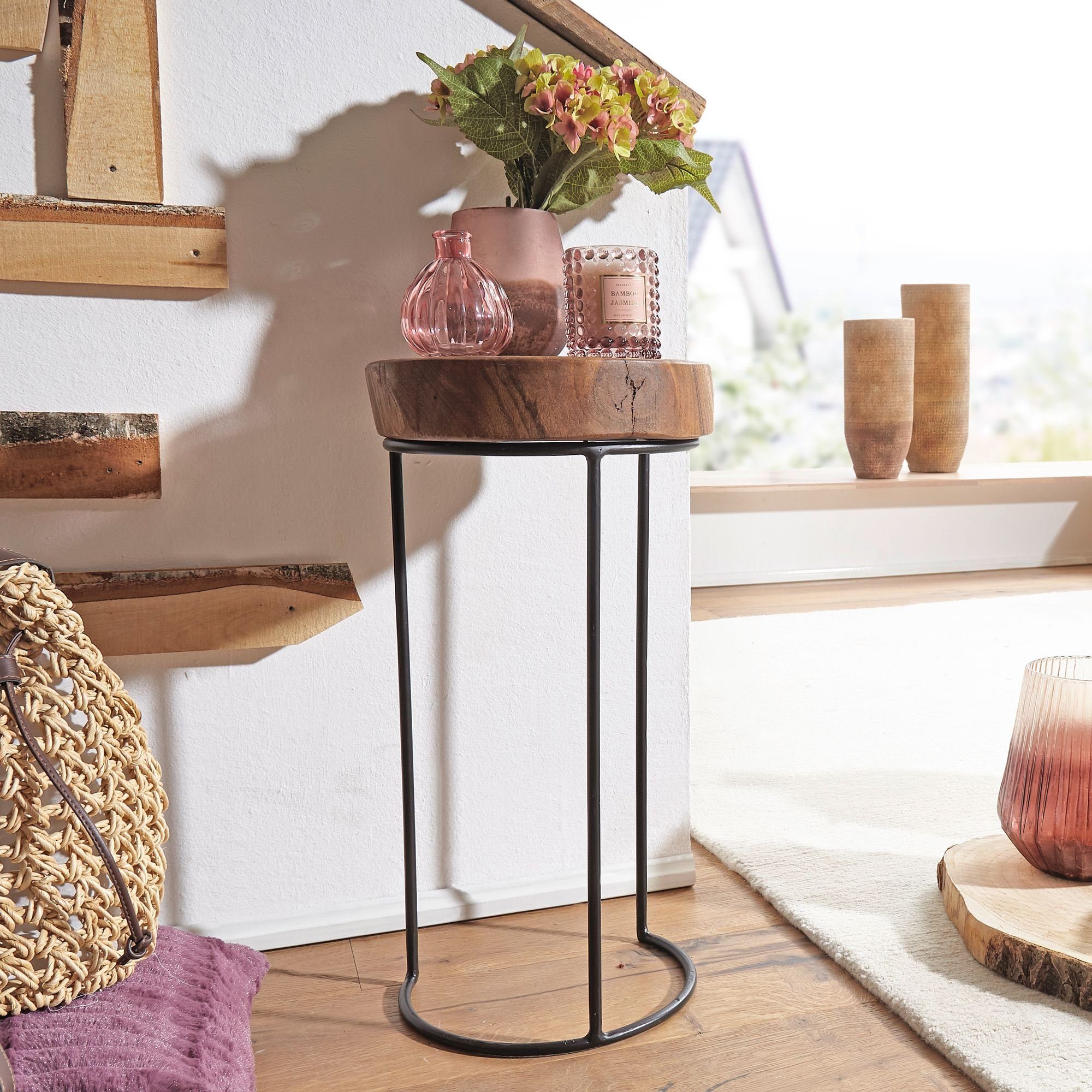 Finebuy Beistelltisch Suva2502 1 Beistelltisch Massiv Holz Wohnzimmer Tisch Metallbeine Landhaus Baumstamm Form Echt Holz Natur Farbe Wahlbar Online Kaufen Otto