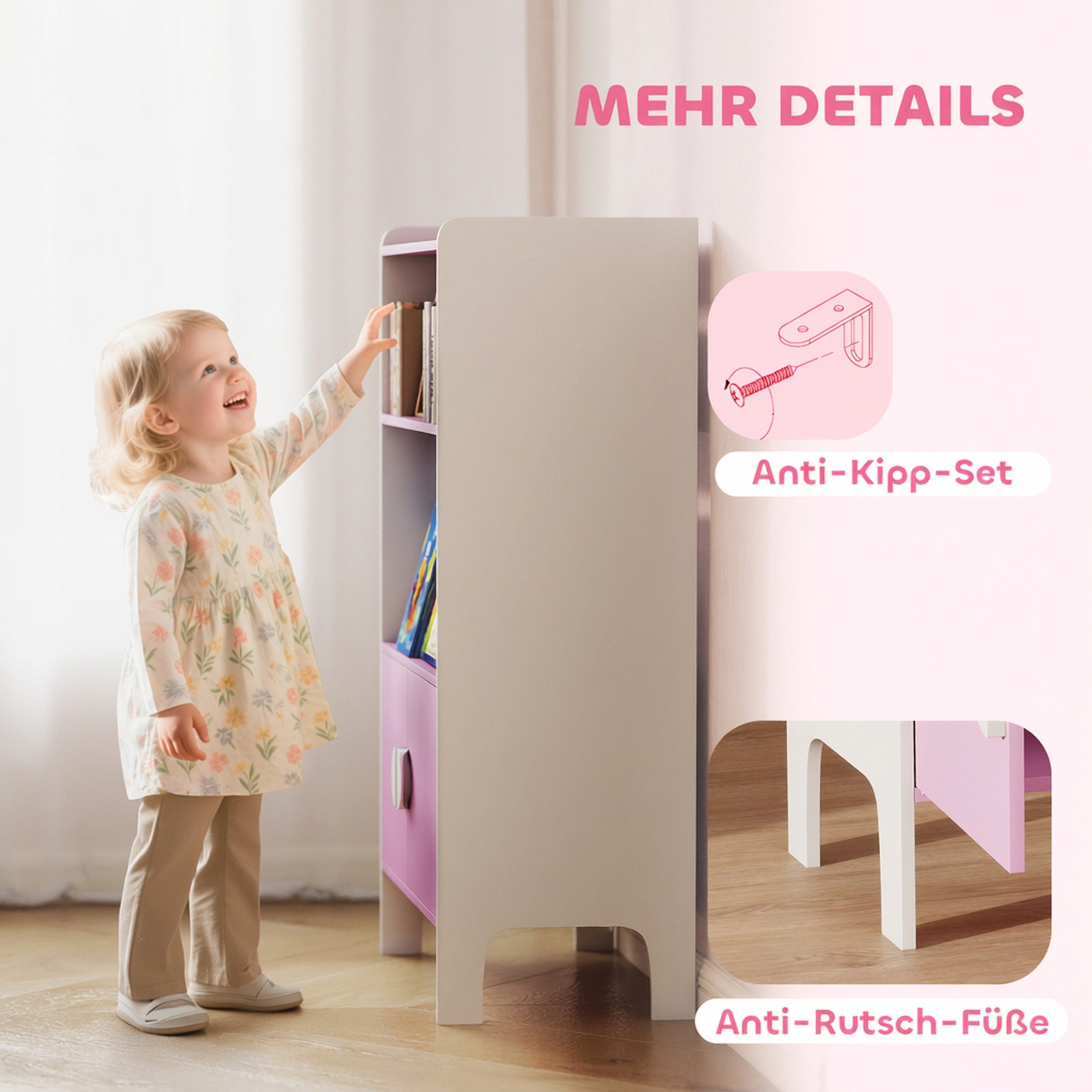 AIYAPLAY Kinderregal Aufbewahrungsregal Standregal mit Kippschutz, rutschfesten Füßen, Bücherregal Kinder 1-tlg., für Kinderzimmer 60 x 35 x 100 cm Rosa – Bild 5 von 5
