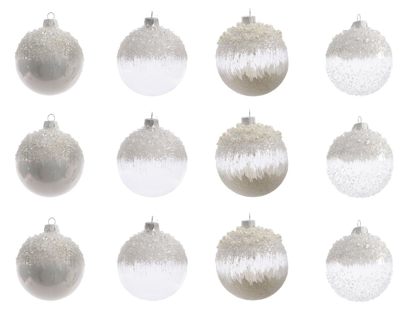 Decoris season decorations Christbaumschmuck, Weihnachtskugeln Glas mit  Glitzer und Perlen 8cm klar / weiß 12er Set