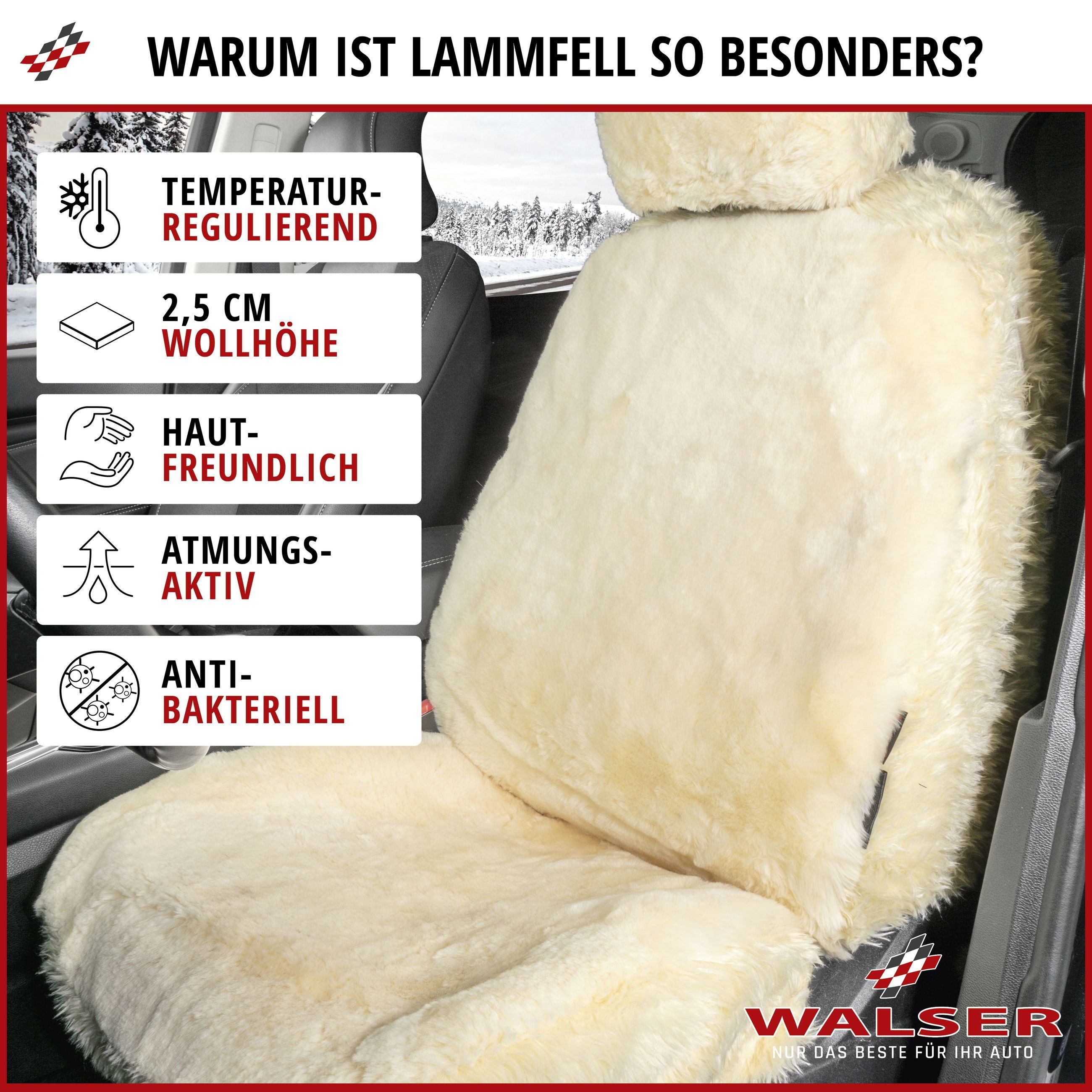 WALSER Autositzbezug Autositzbezug Lammfell Maya, 1 Vordersitzbezug 1tlg, 1 Kopfstützenbezug, 2-tlg.