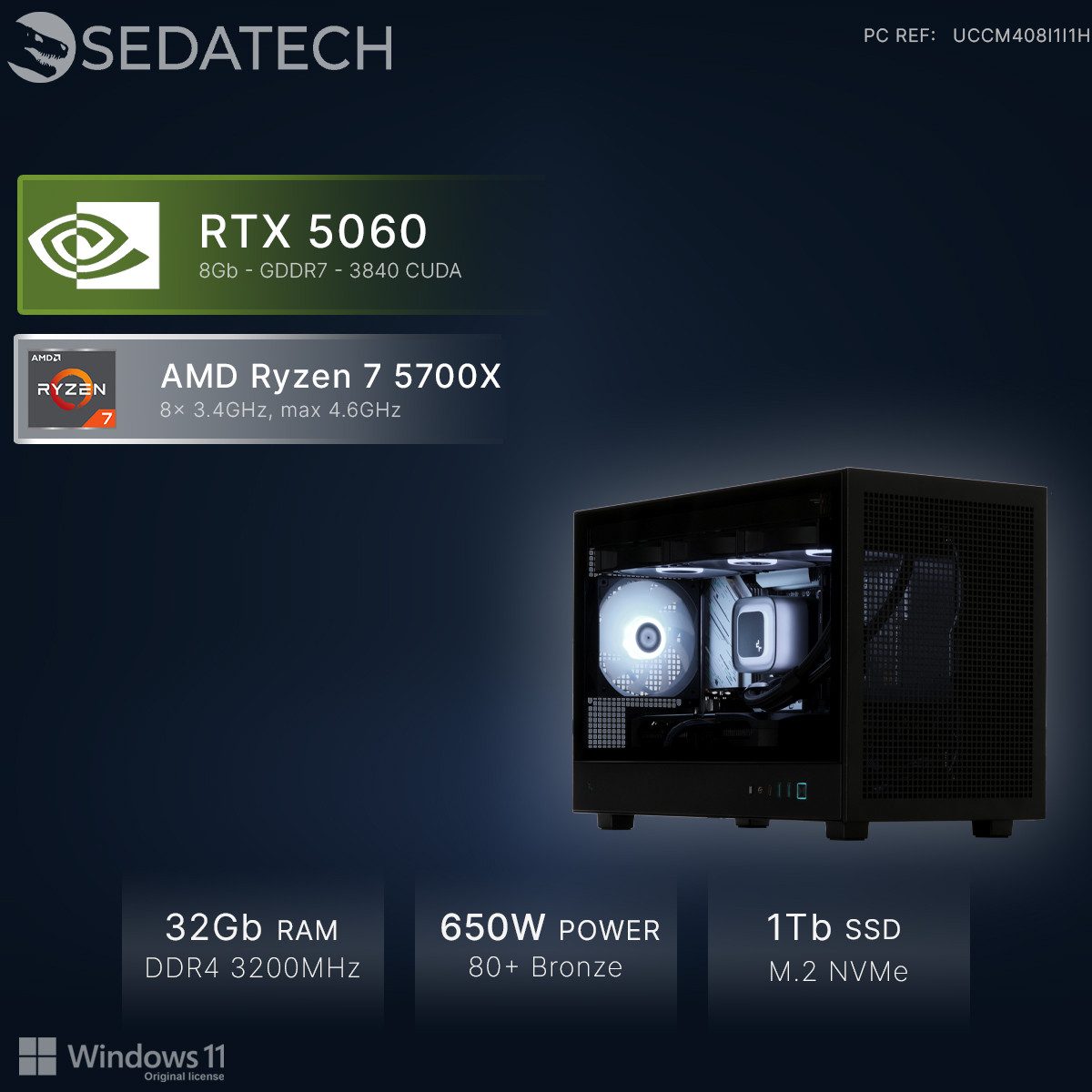 Sedatech UCCM408I1I1HF - Watercooling Gaming Gaming-PC (AMD Ryzen 7 5700X 8x 3.4GHz (max 4.6GHz), Geforce RTX5060 8GB, 32 GB RAM, 1000 GB SSD, Watercooling, Wlan 4)