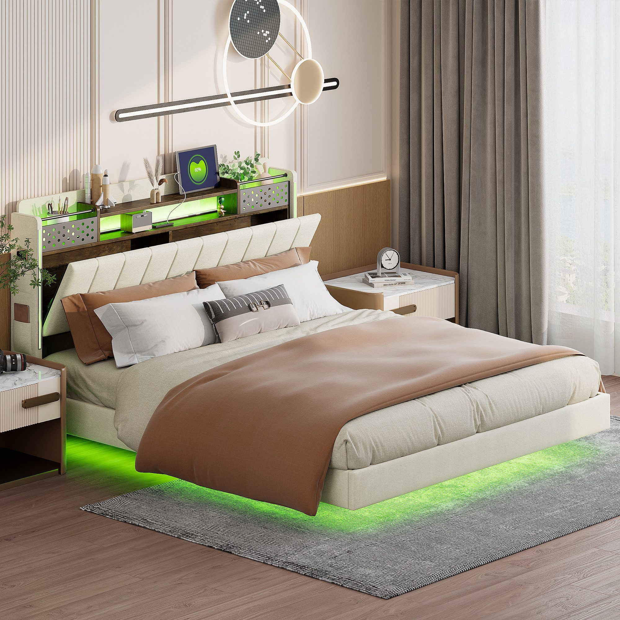 Flieks Polsterbett, LED Schwebebett Doppelbett 160x200cm günstig online kaufen