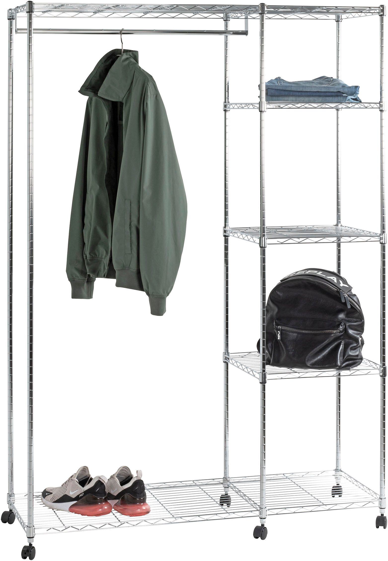HAKU Garderobenständer Garderobe, Garderobenständer, Kleiderständer auf Rollen, Kleiderwagen, rechteckig - aus Metall Silber - B/T/H 123/45/181 cm
