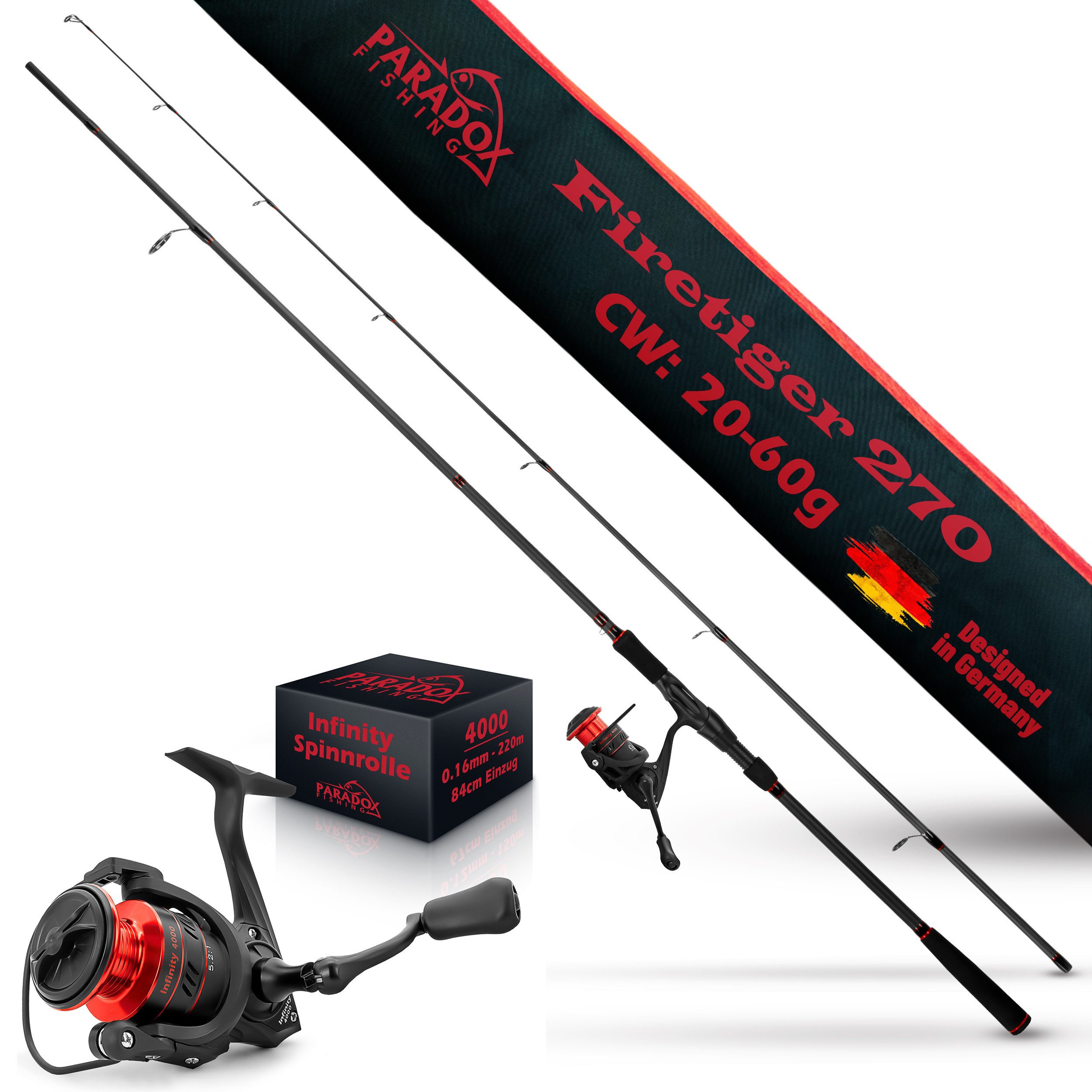 Paradox Fishing Spinnrute Firetiger, (Firetiger Spinnrute + Infinity Rolle), 2,1m/2,4m/2,7m, 5-20g/15-35g/20-60g