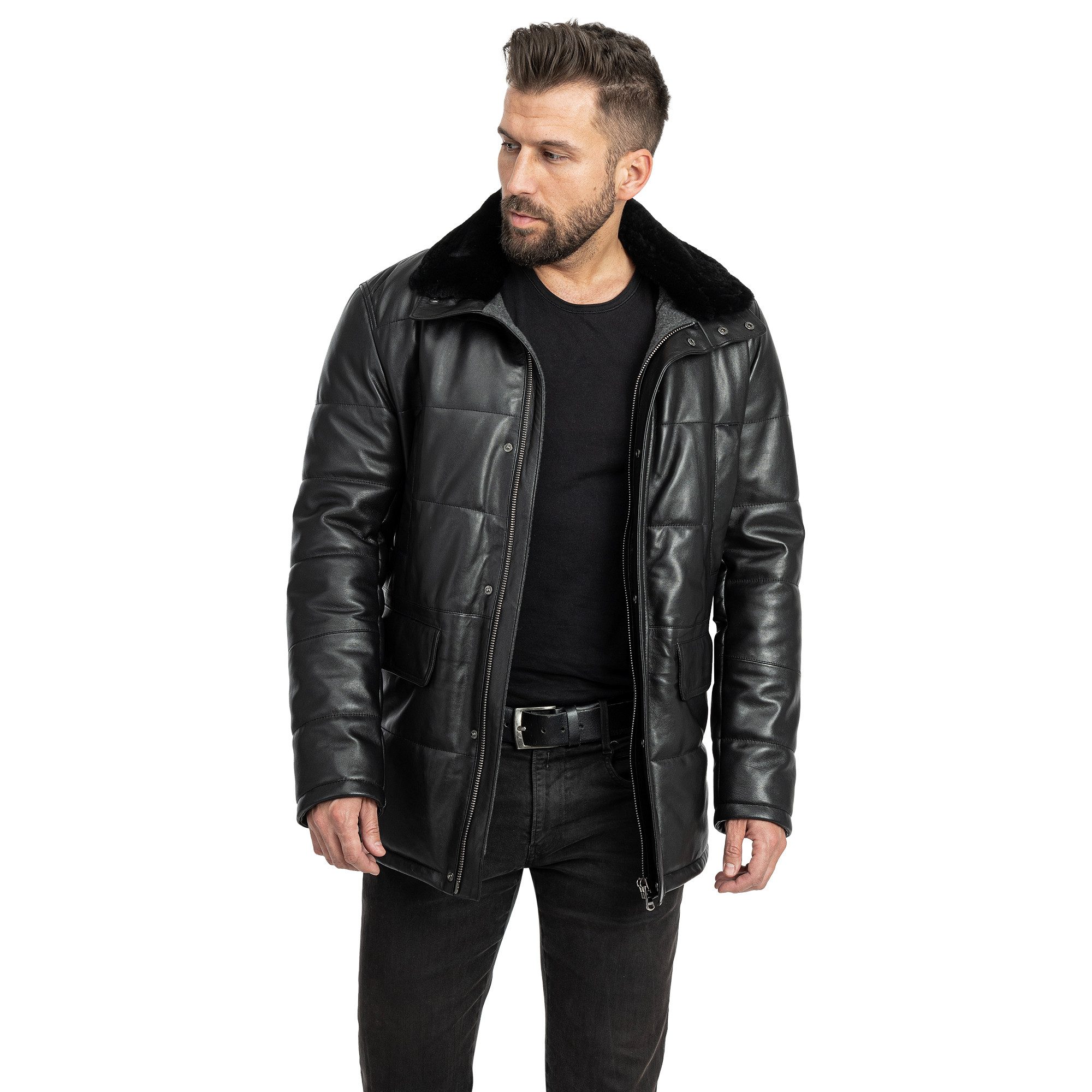 Mouflon Lederjacke Aaron abnehmbarer Lammfellkragen