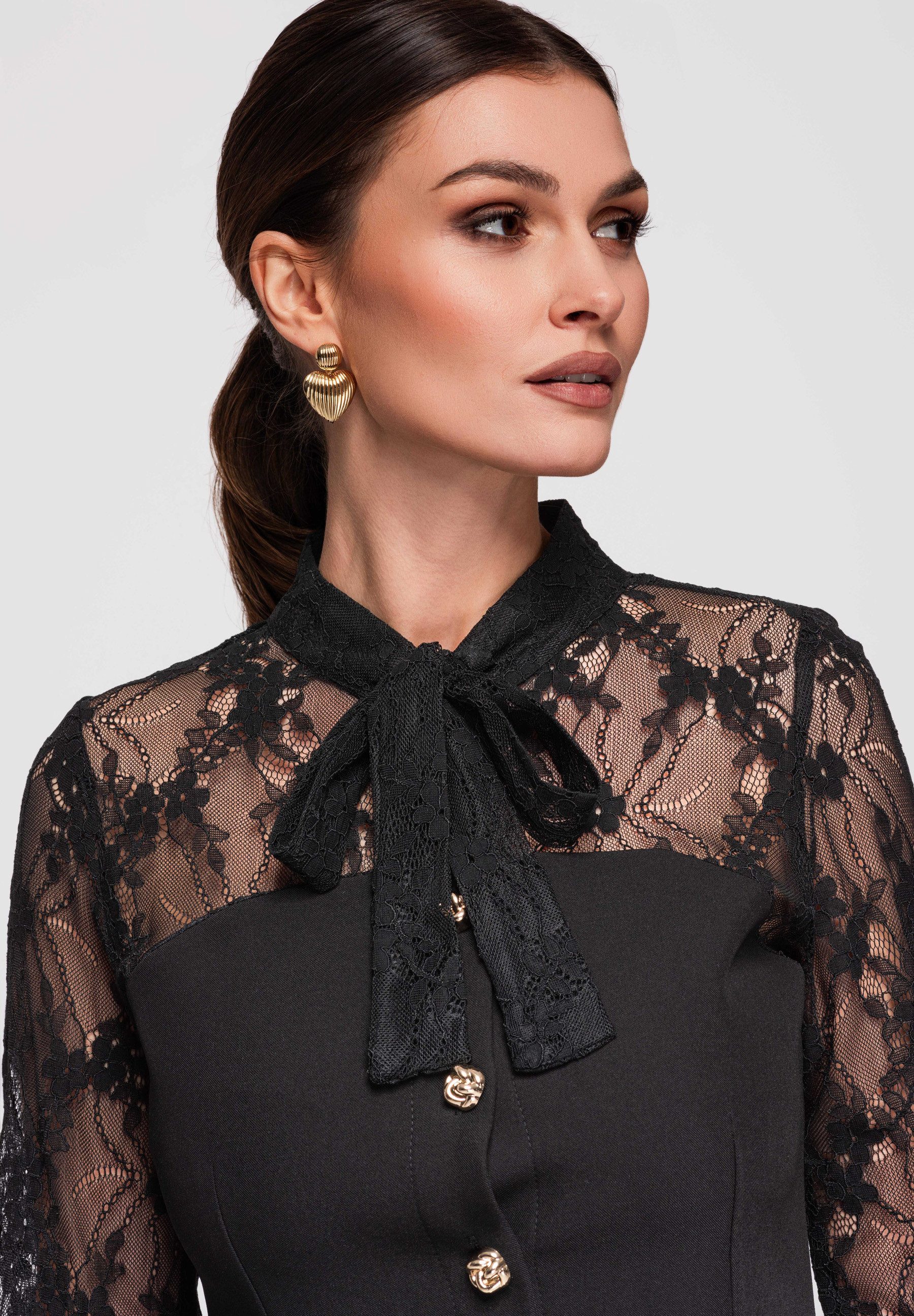 OMBRE Langarmhemd Damen Bluse Spitze Figurbetont Elegant Schwarz M (kein Se günstig online kaufen