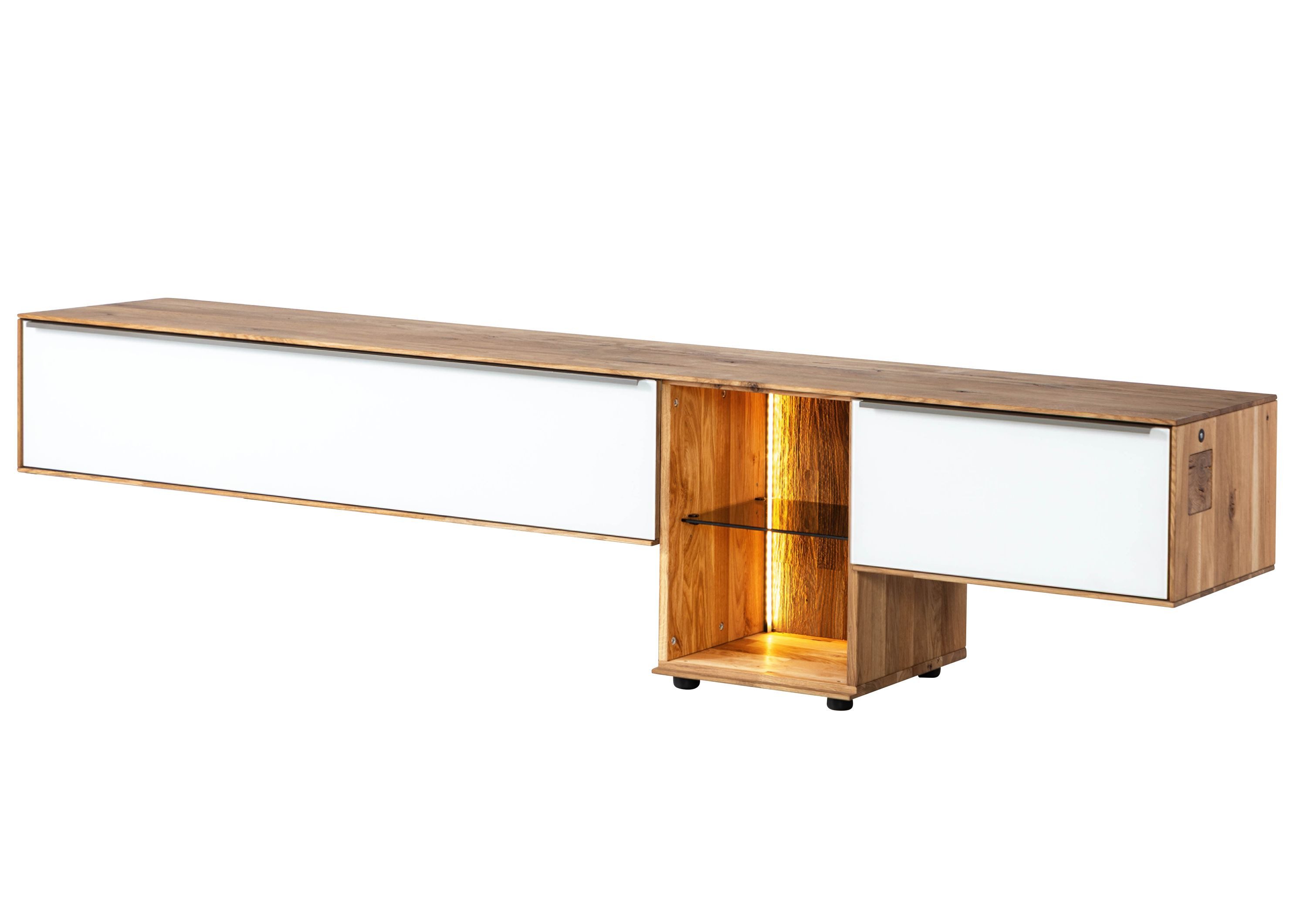 Massivmoebel24 Lowboard WIEN (Massivholz), Wildeiche 220x43x55 natur geölt / Glas weiß WIEN #109