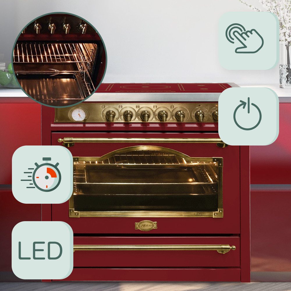Kaiser Küchengeräte Induktions-Standherd 90 cm Retro Herd mit Induktionskochfeld FREE ZONE Slider Touch Control HC 93655 IRotEm+Grillplatte, mit 1-fach-Teleskopauszug
