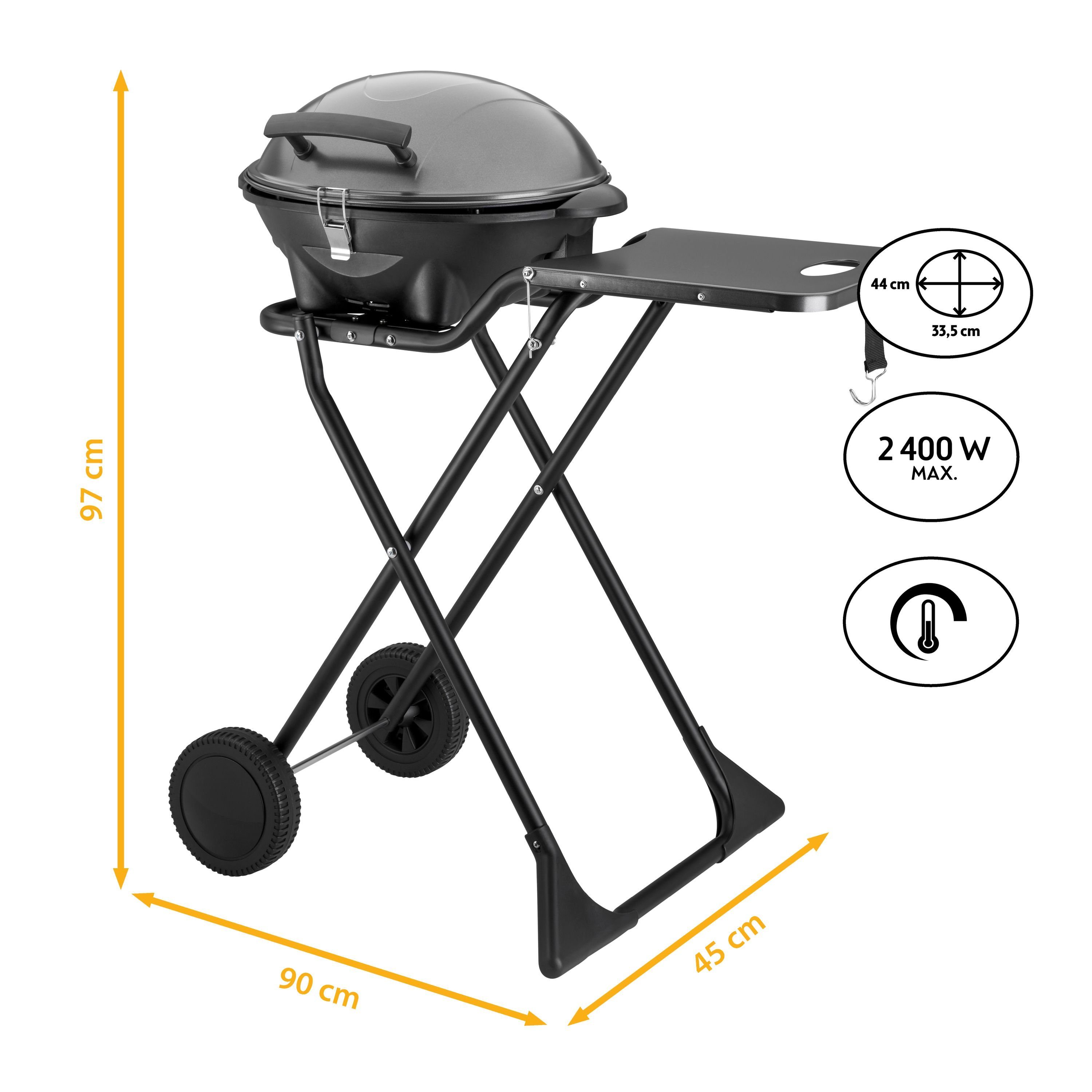 TZS FIRST AUSTRIA Elektrogrill 2in1 2400W, Elektrisch & Klappbar, Trolley-Grill mit Thermometer, 2400 W, Standgrill mit Windschutzhaube, 2,9m Kabel und Antihaft-Grillplatte