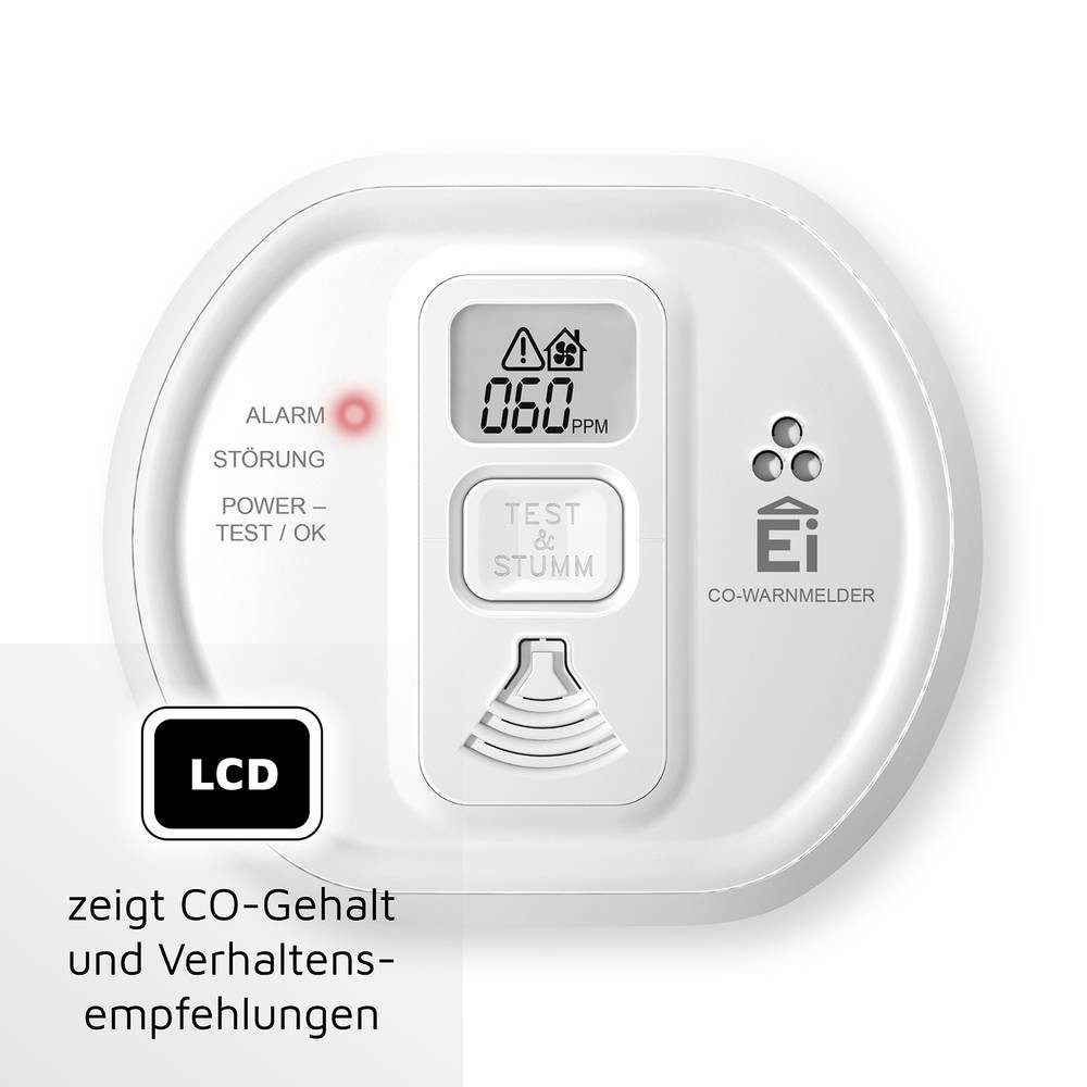 Ei Electronics Kohlenmonoxid-Warnmelder mit Display Ei208D-3X179 Gasmelder (inkl. 10 Jahres-Batterie)