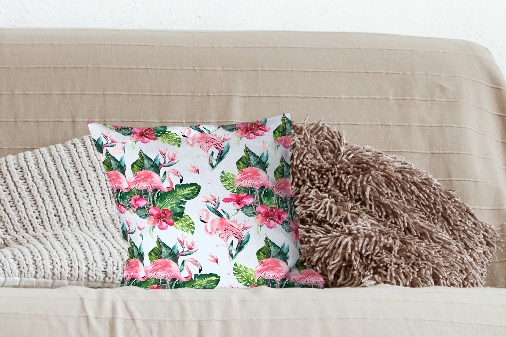 Muster, Zierkissen MuchoWow Füllung mit Schlafzimmer, Wohzimmer, für Blumen Flamingo Sofakissen - - Deko, - Blätter Dekokissen