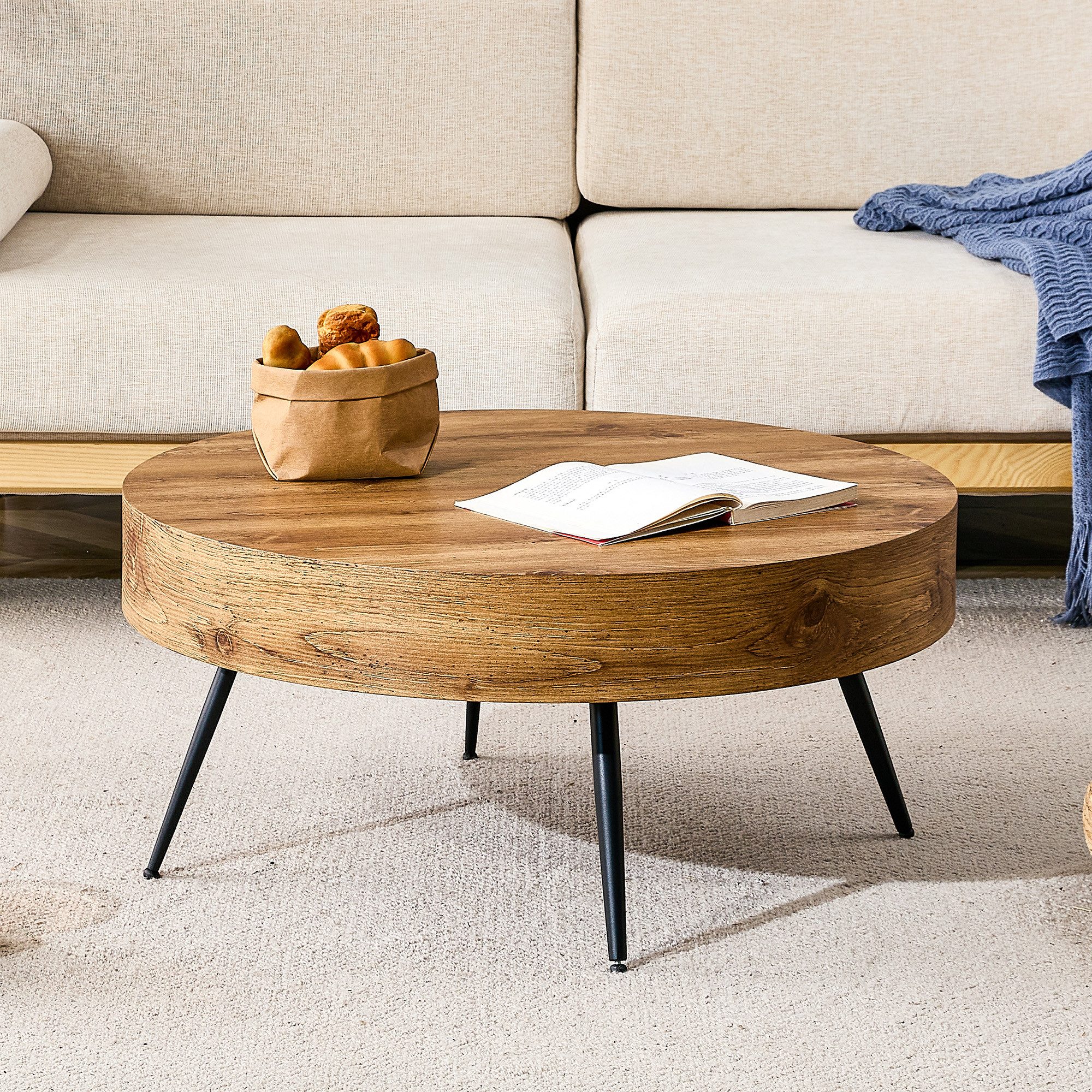 Celya Couchtisch Runder Kaffeetisch mit MDF-Platte und Metallbeinen (70 cm Durchmesser, Minimalistisches Design, ideal für Wohnzimmer)